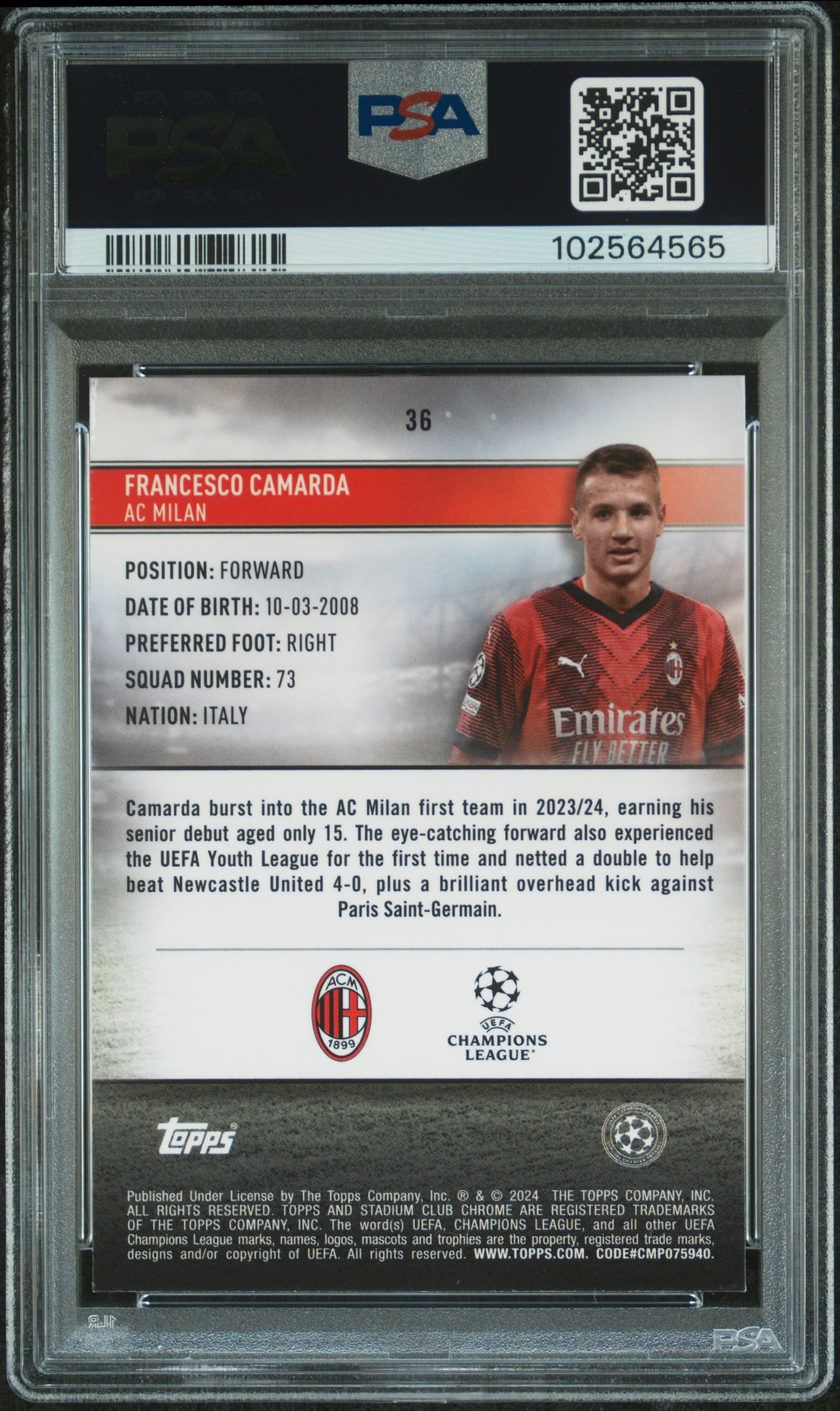 2023-24 Topps Stadium Club Chrome Uefa Club Competitions Francesco Camarda #36 (Refractor) Gem Mt 10 back