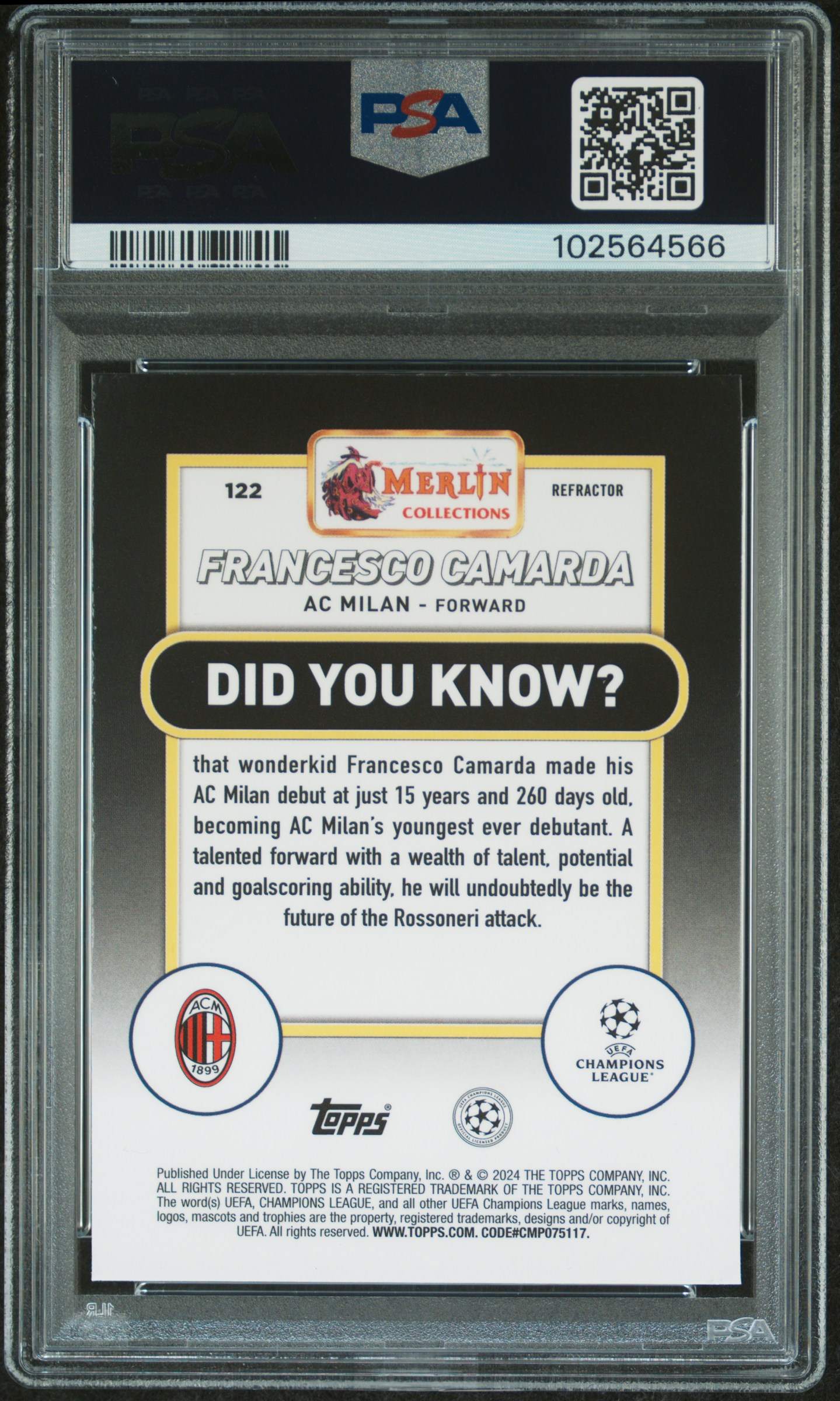 2023-24 Topps Merlin Uefa Club Competitions Francesco Camarda #122 (Refractor) Mint 9 back