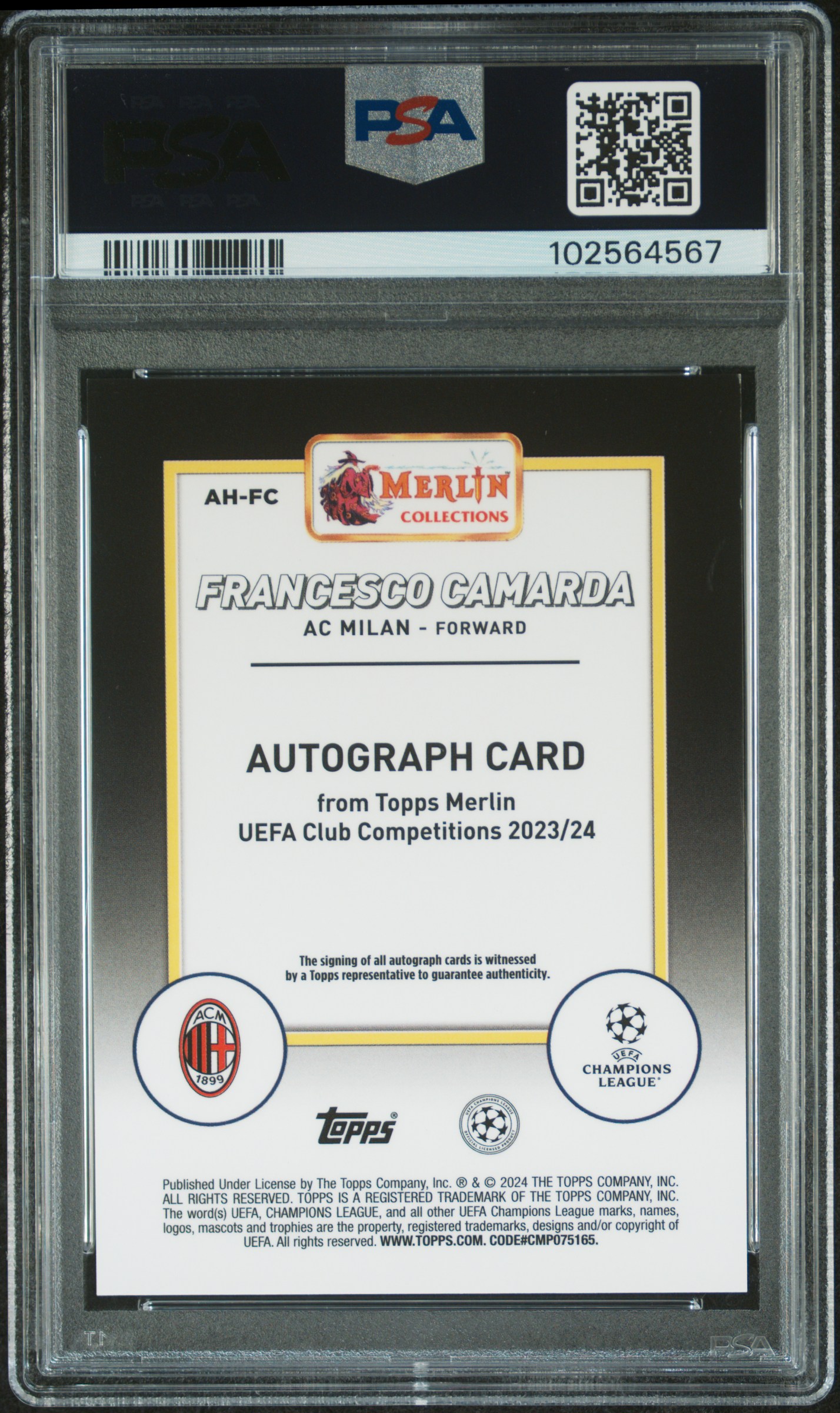 2023-24 Topps Merlin Uefa Club Competitions Autographs Francesco Camarda #Ahfc (Autograph-Wave) Mint 9 back