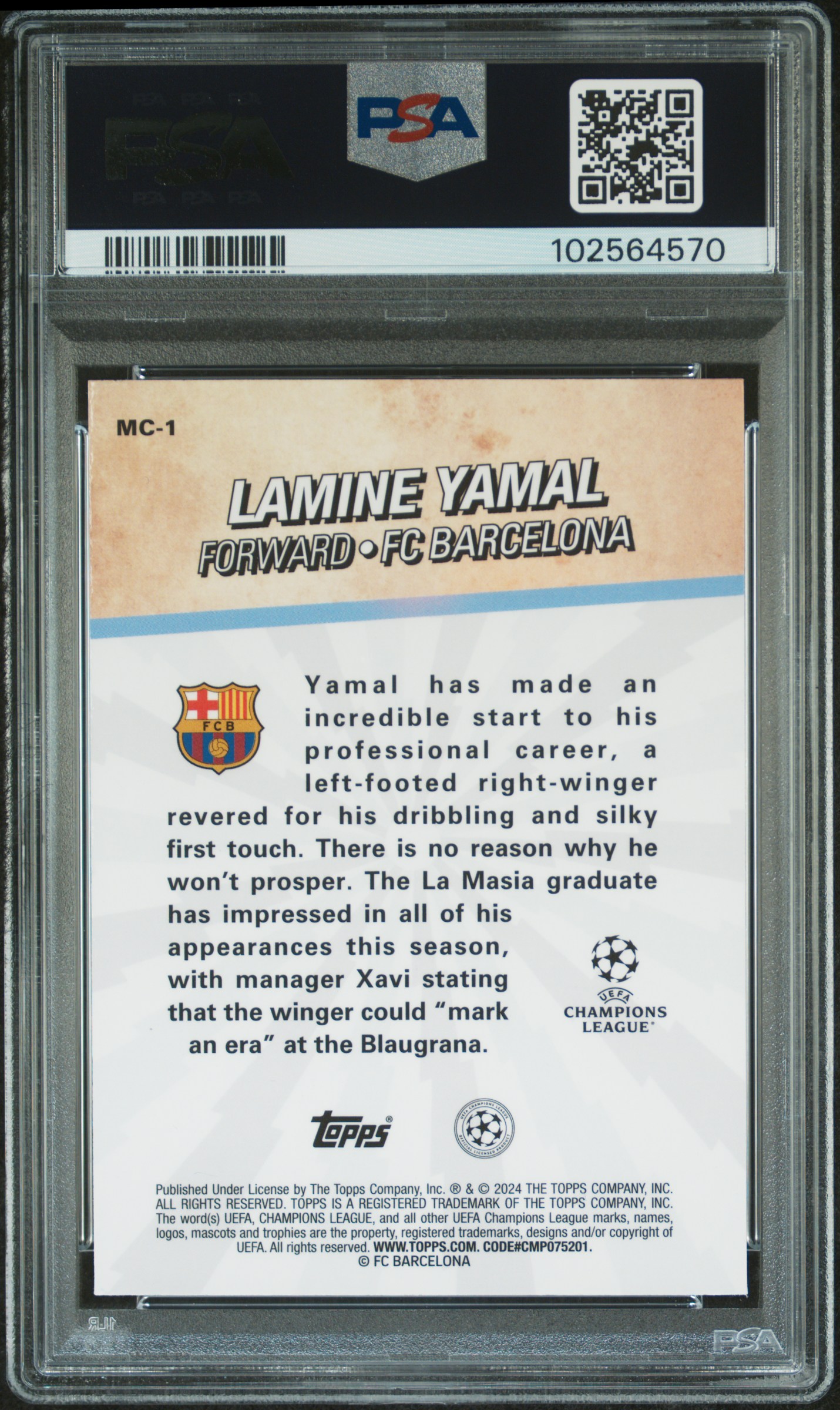 2023-24 Topps Merlin Uefa Club Competitions Merlin's Chosen Ones Lamine Yamal #Mc1 Gem Mt 10 back