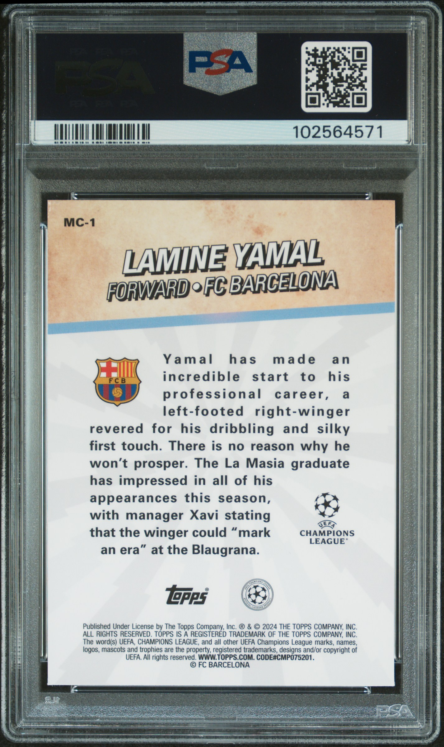 2023-24 Topps Merlin Uefa Club Competitions Merlin's Chosen Ones Lamine Yamal #Mc1 Mint 9 back