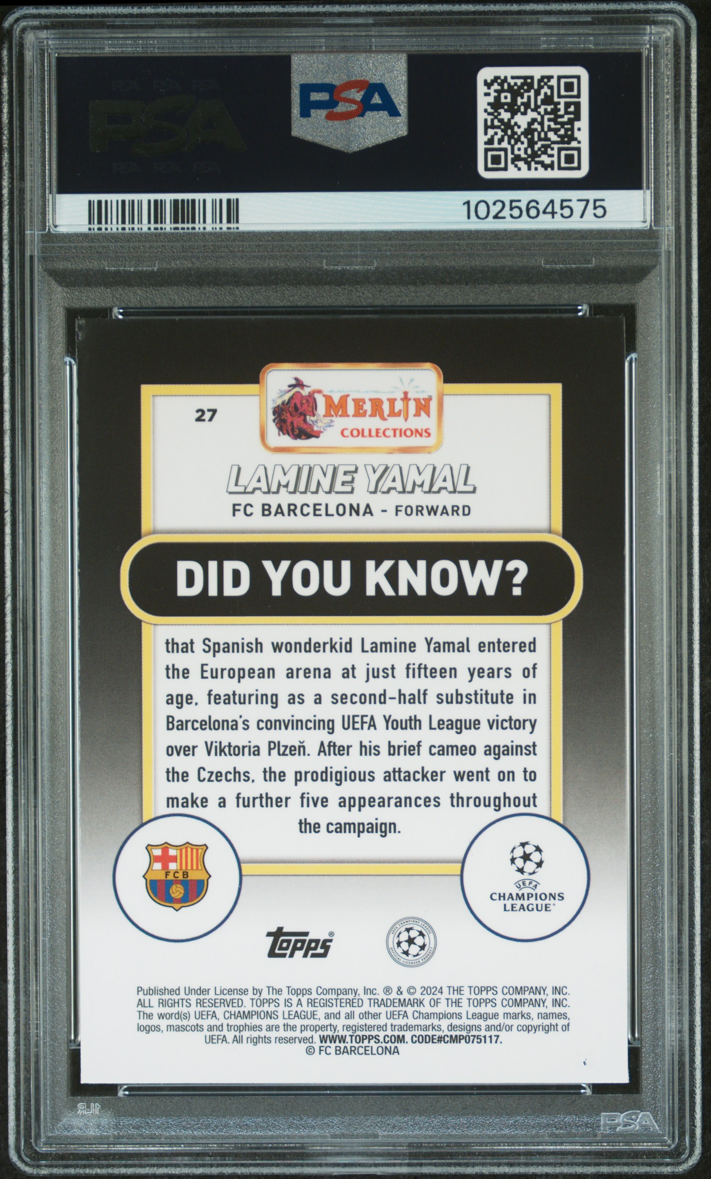 2023-24 Topps Merlin Uefa Club Competitions Lamine Yamal #27 (Aqua Prism Refractor) Mint 9 back