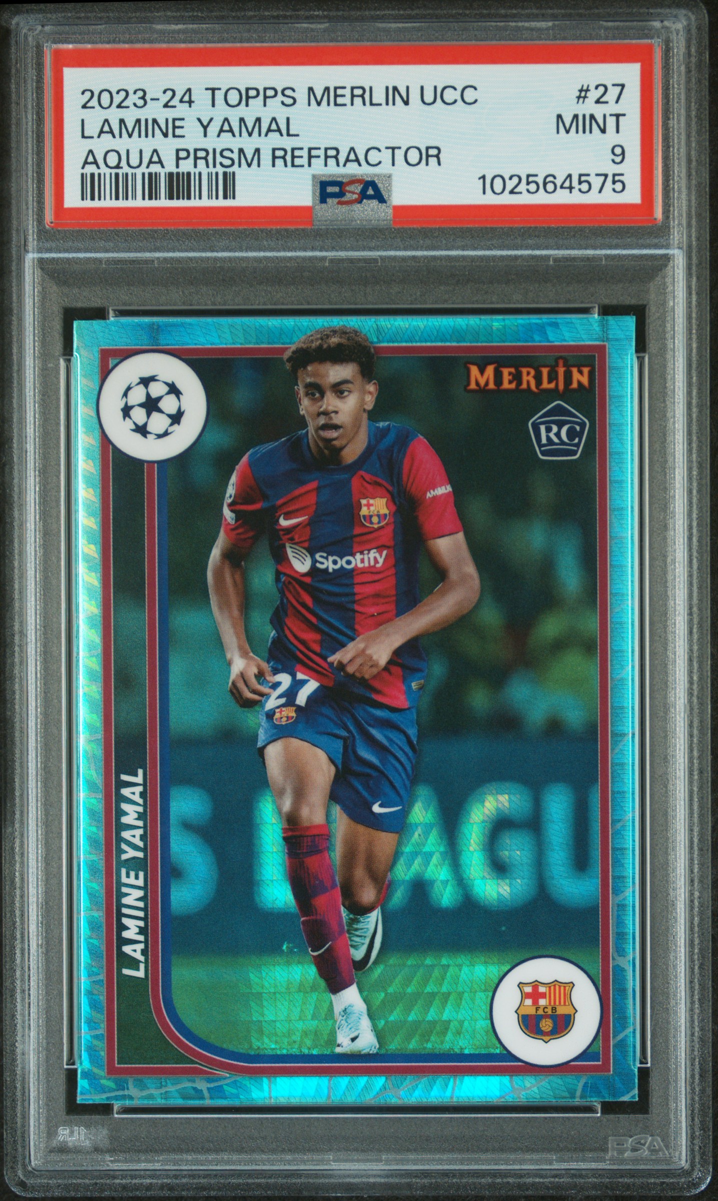 2023-24 Topps Merlin Uefa Club Competitions Lamine Yamal #27 (Aqua Prism Refractor) Mint 9 front
