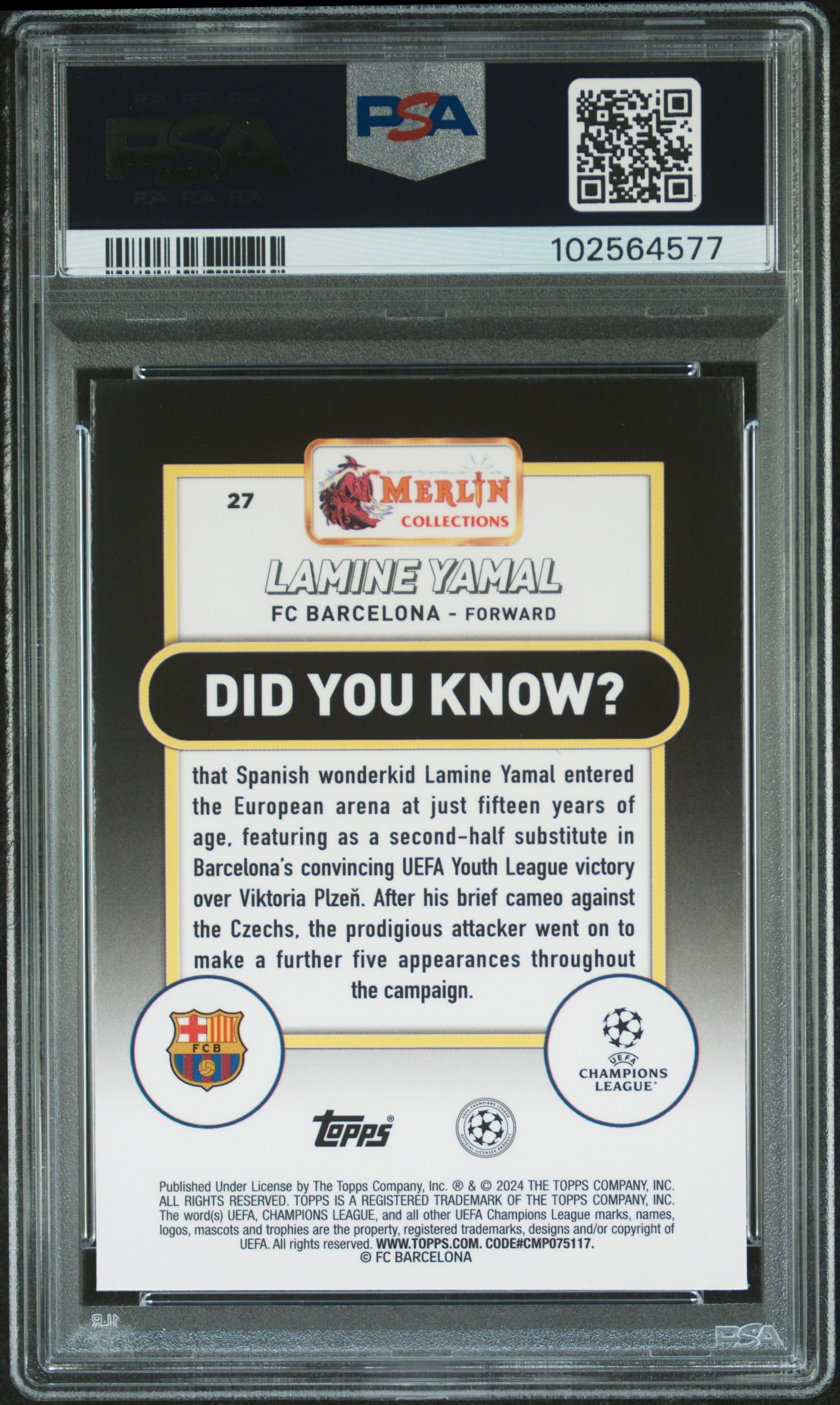 2023-24 Topps Merlin Uefa Club Competitions Lamine Yamal #27 Gem Mt 10 back