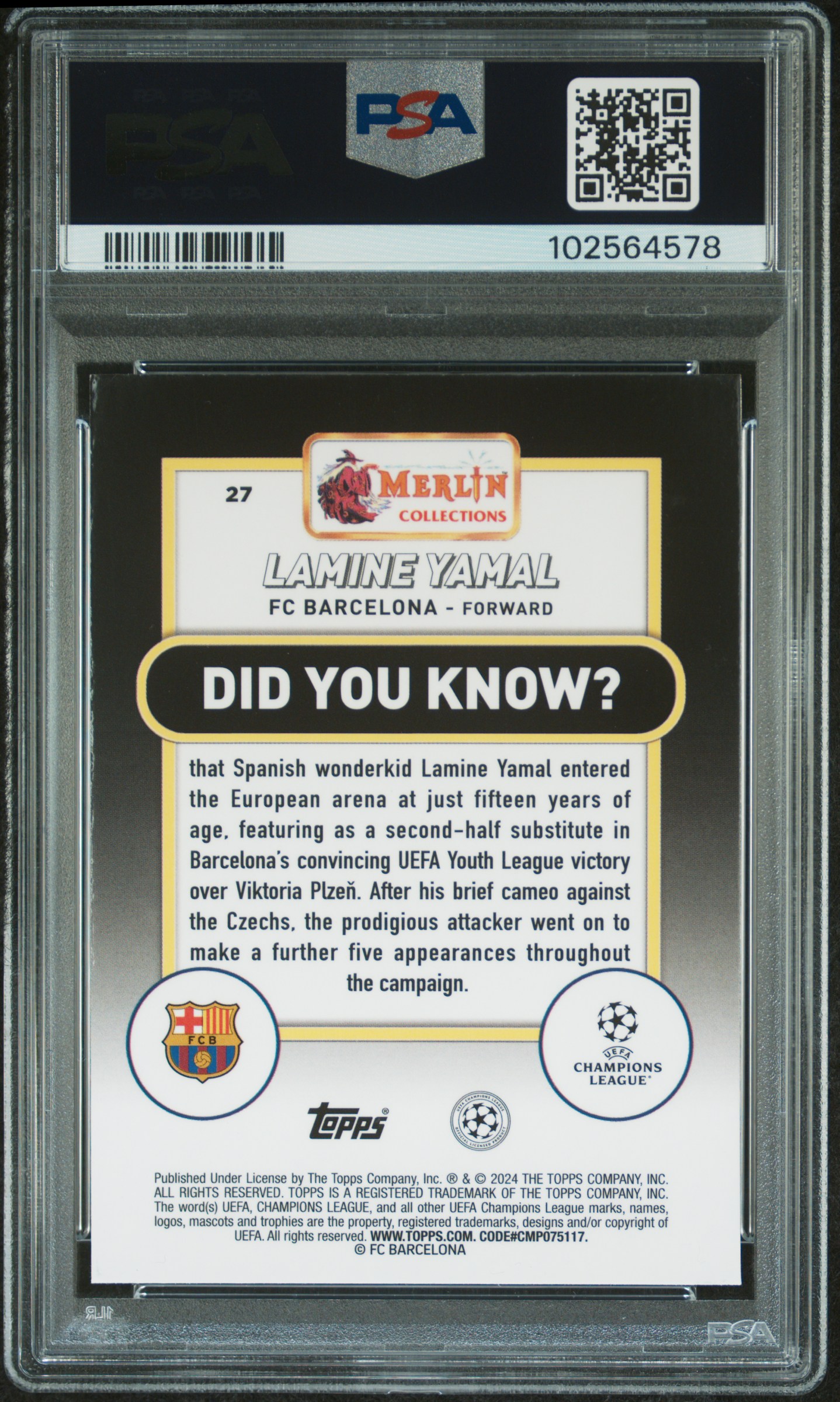 2023-24 Topps Merlin Uefa Club Competitions Lamine Yamal #27 Mint 9 back