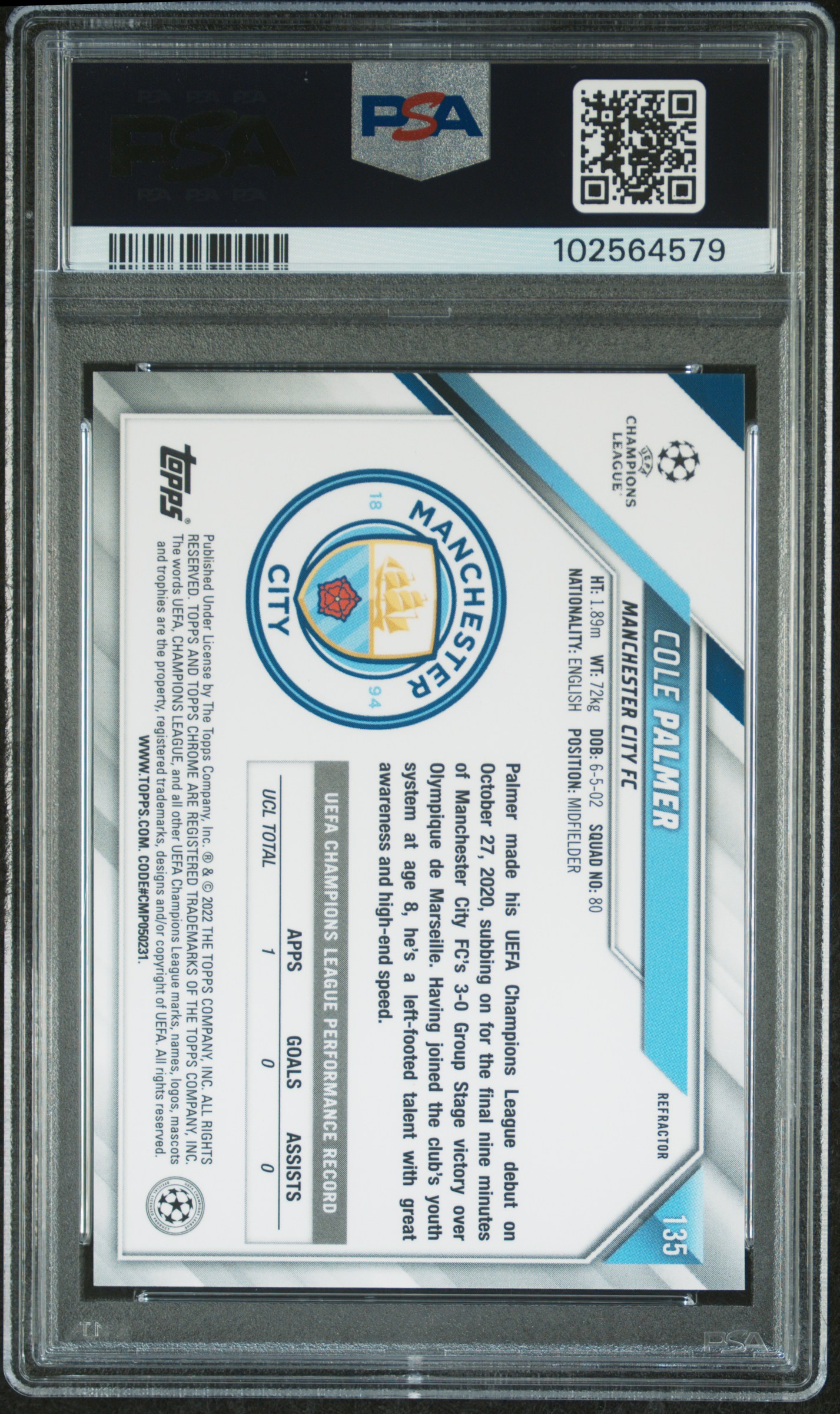 2021 Topps Chrome Uefa Champions League Cole Palmer #135 (Refractor) Gem Mt 10 back