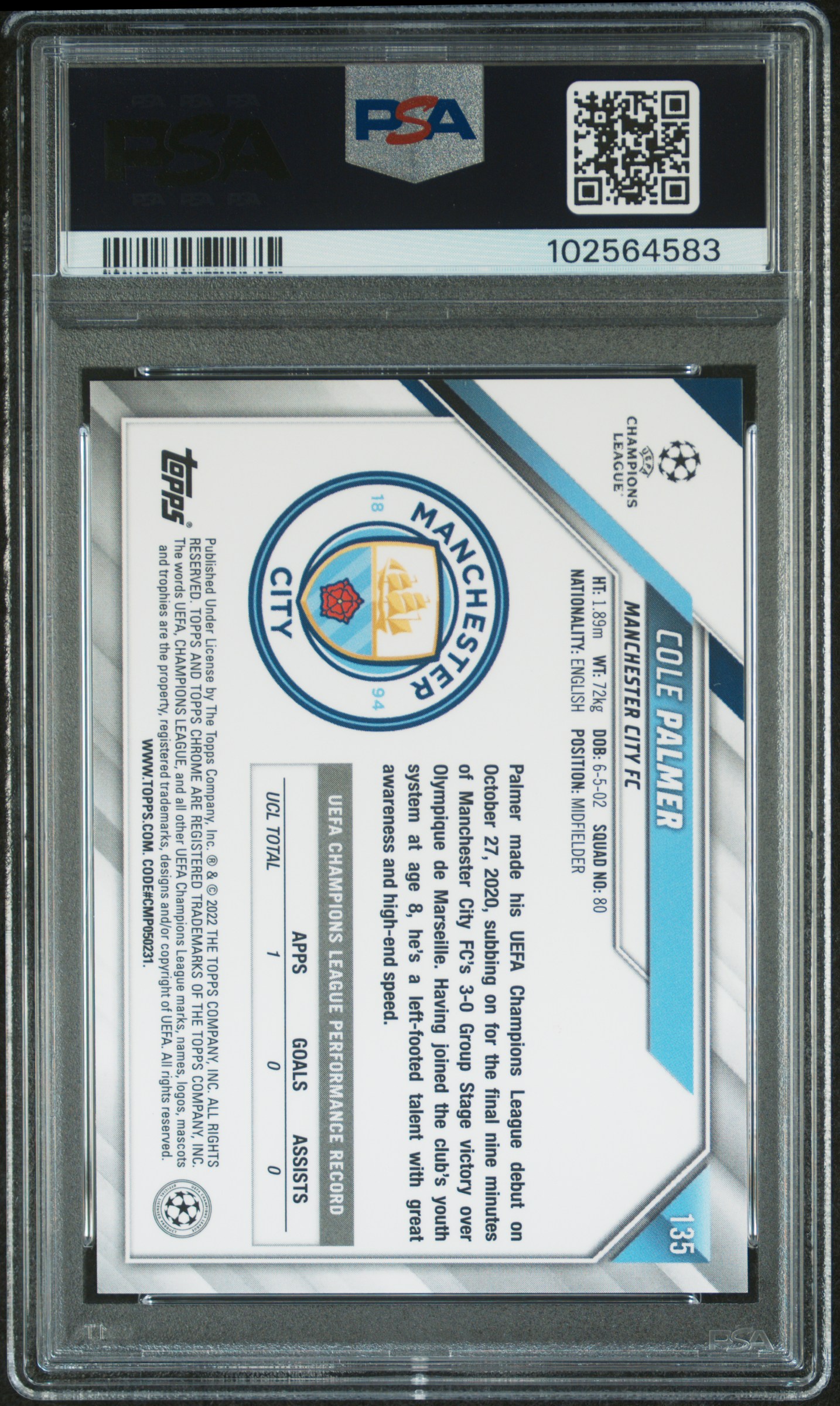 2021 Topps Chrome Uefa Champions League Cole Palmer #135 Mint 9 back