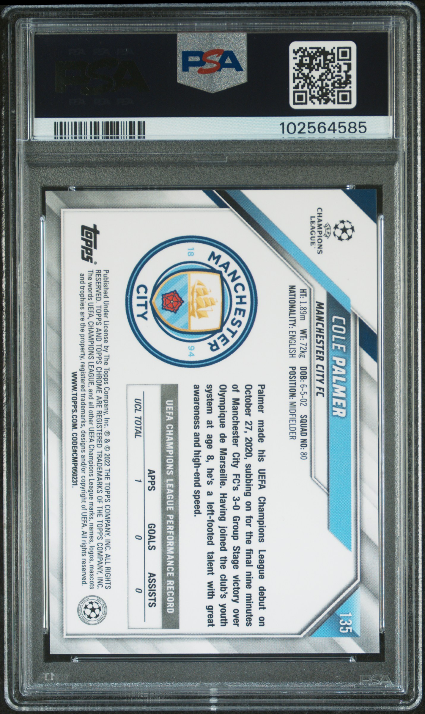 2021 Topps Chrome Uefa Champions League Cole Palmer #135 Gem Mt 10 back