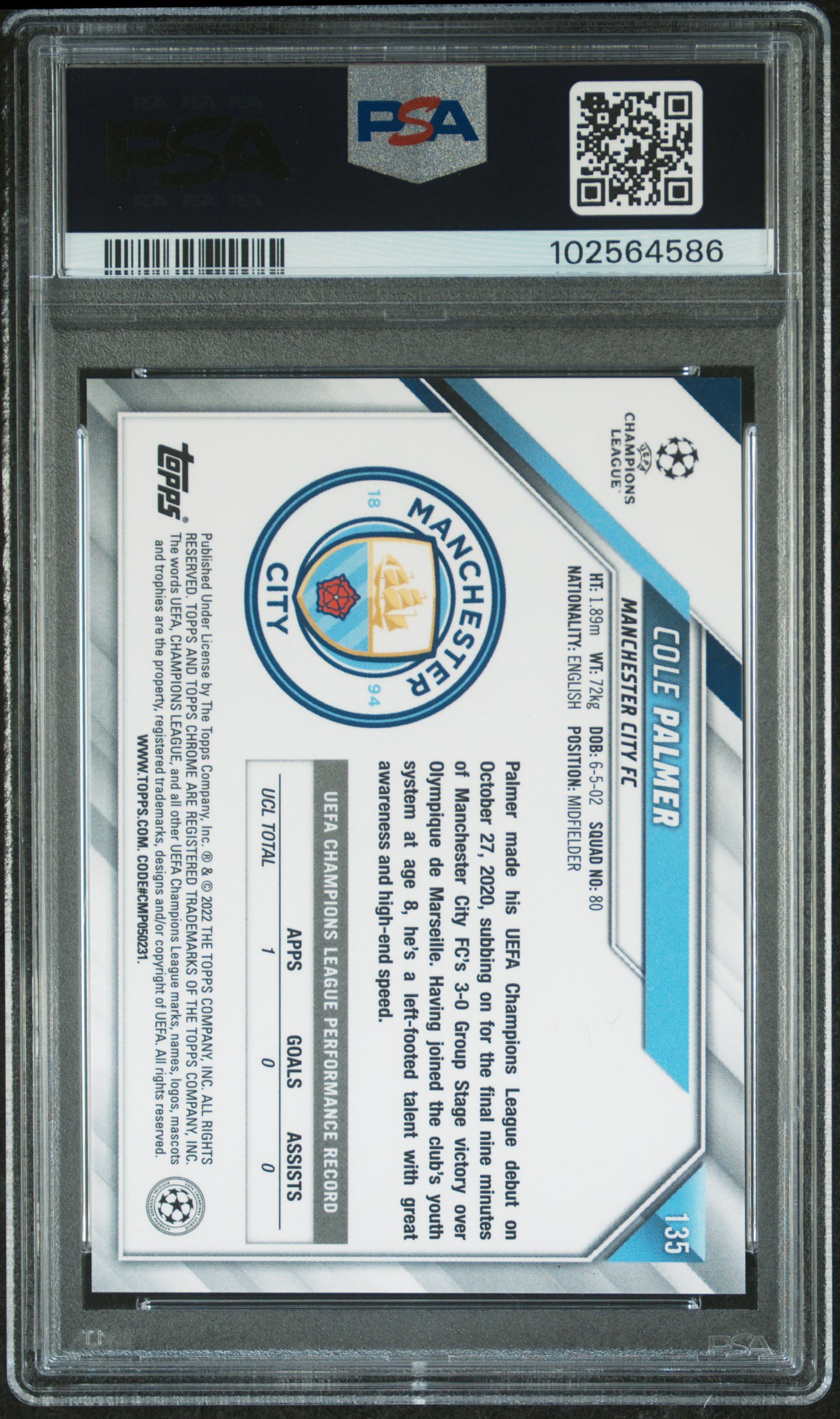 2021 Topps Chrome Uefa Champions League Cole Palmer #135 Gem Mt 10 back