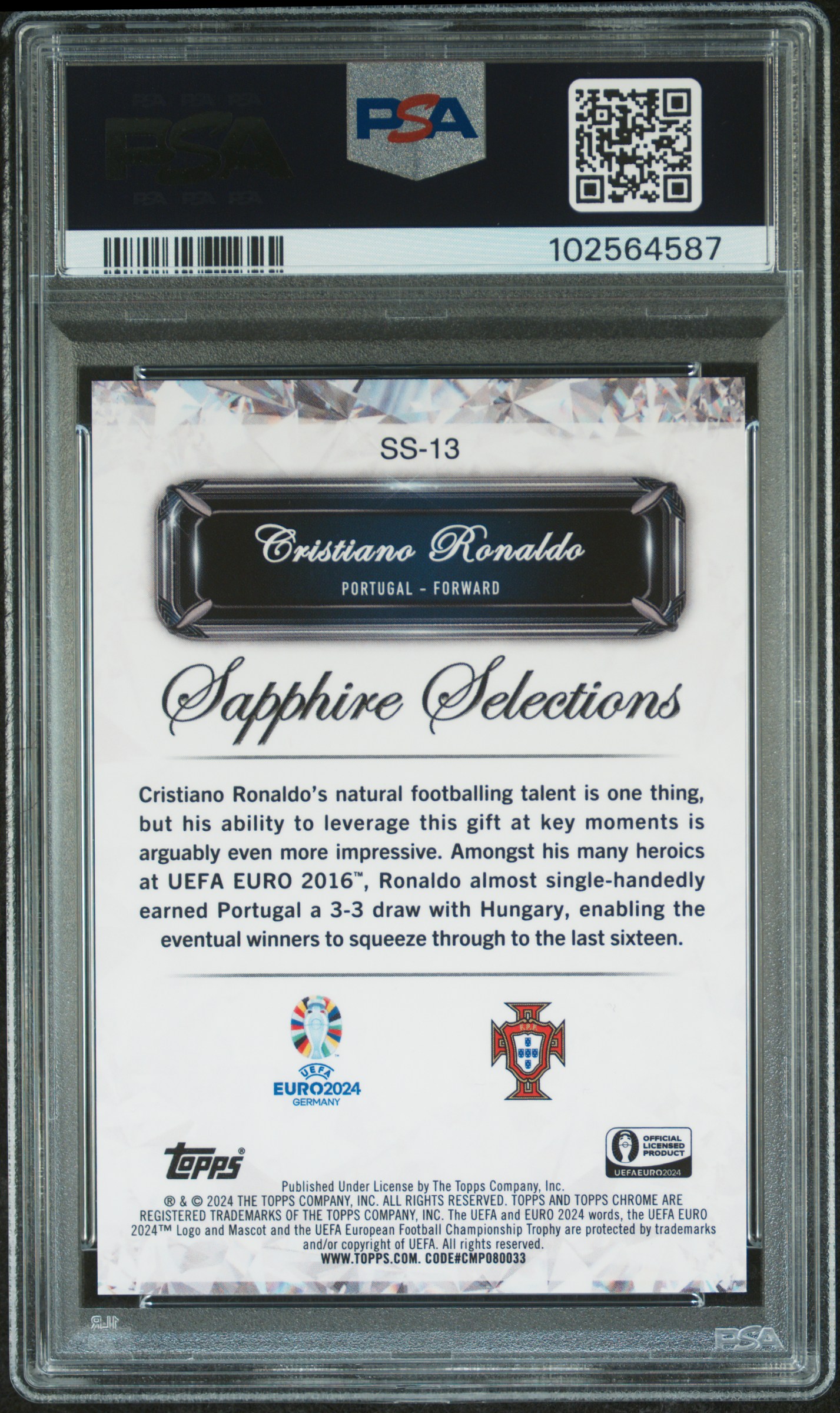 2024 Topps Chrome Sapphire Uefa Euro Sapphire Selections Cristiano Ronaldo #Ss13 Gem Mt 10 back