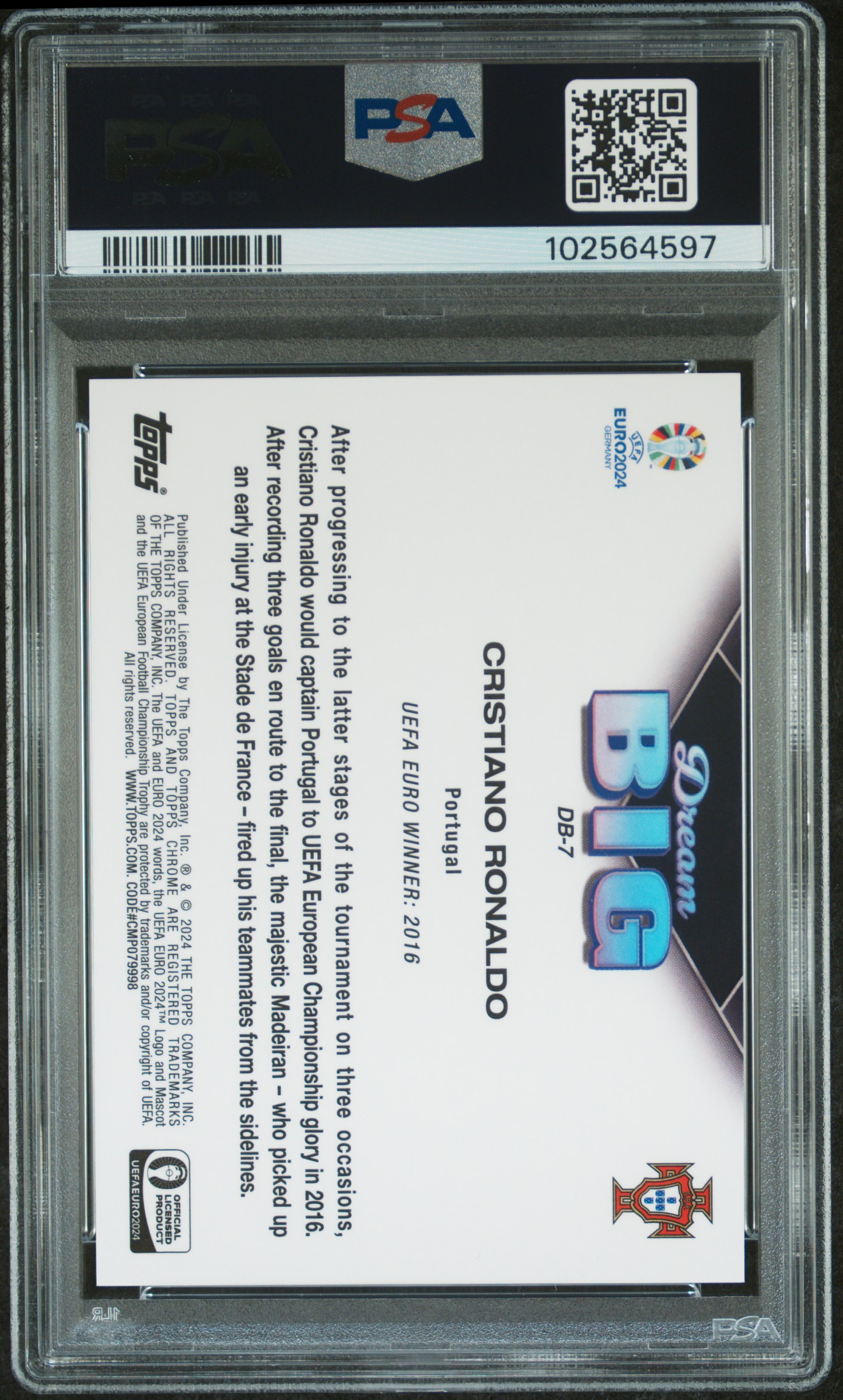 2024 Topps Chrome Sapphire Uefa Euro Dream Big Cristiano Ronaldo #Db7 Gem Mt 10 back