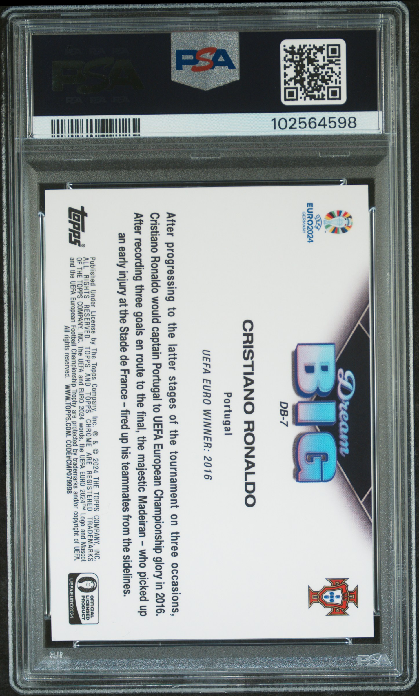 2024 Topps Chrome Sapphire Uefa Euro Dream Big Cristiano Ronaldo #Db7 Gem Mt 10 back