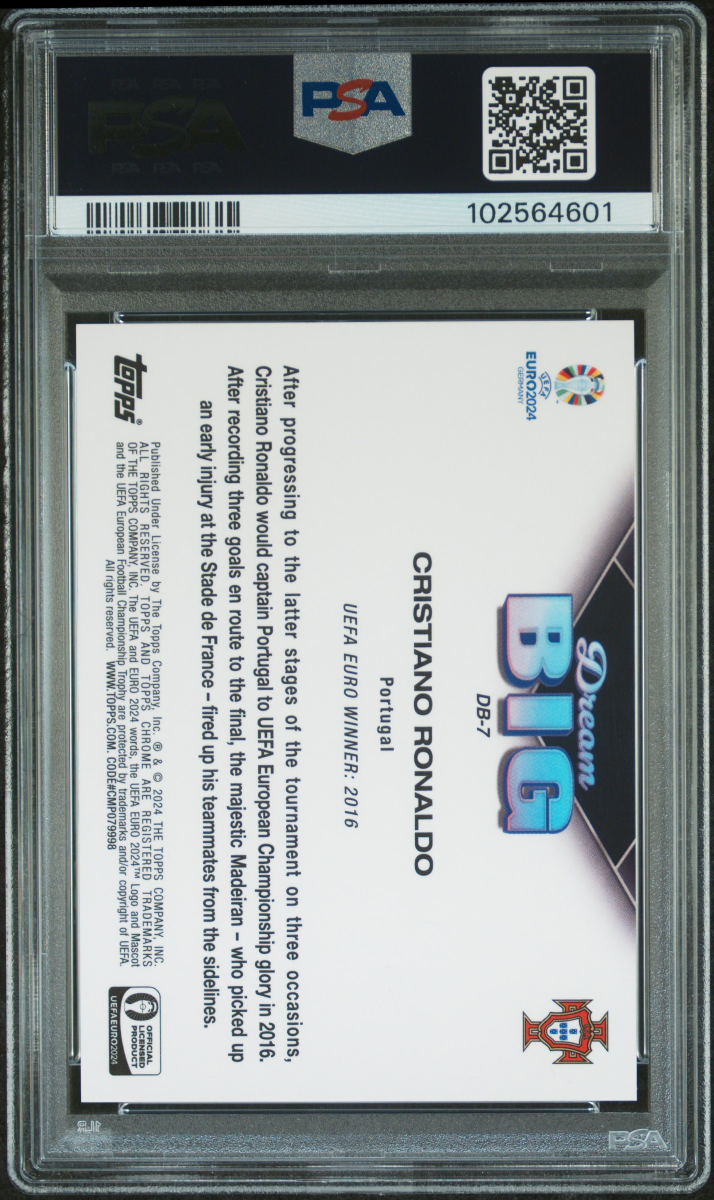 2024 Topps Chrome Sapphire Uefa Euro Dream Big Cristiano Ronaldo #Db7 Mint 9 back