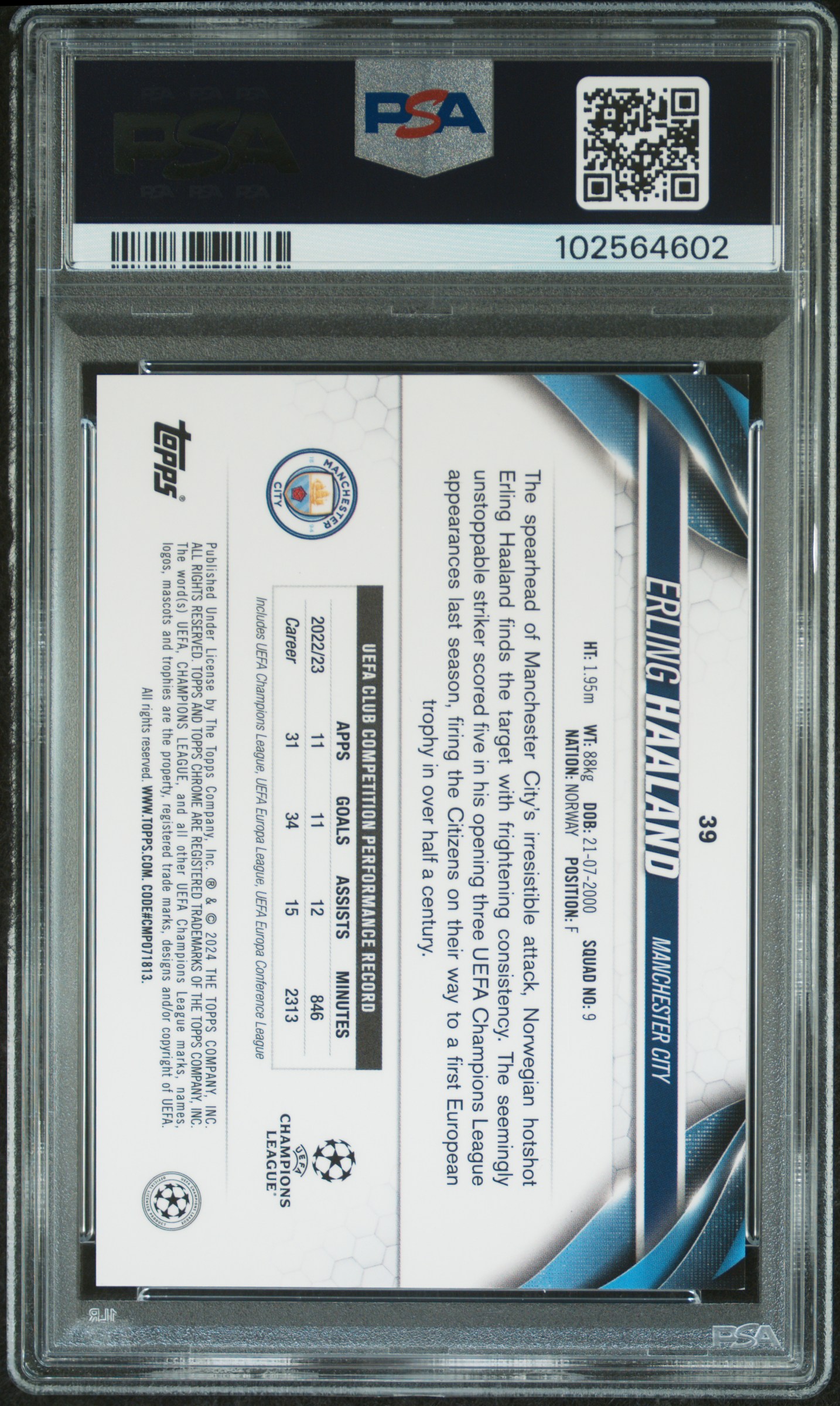 2023-24 Topps Chrome Sapphire Edition Uefa Club Competitions Erling Haaland #39 (Black) Mint 9 back