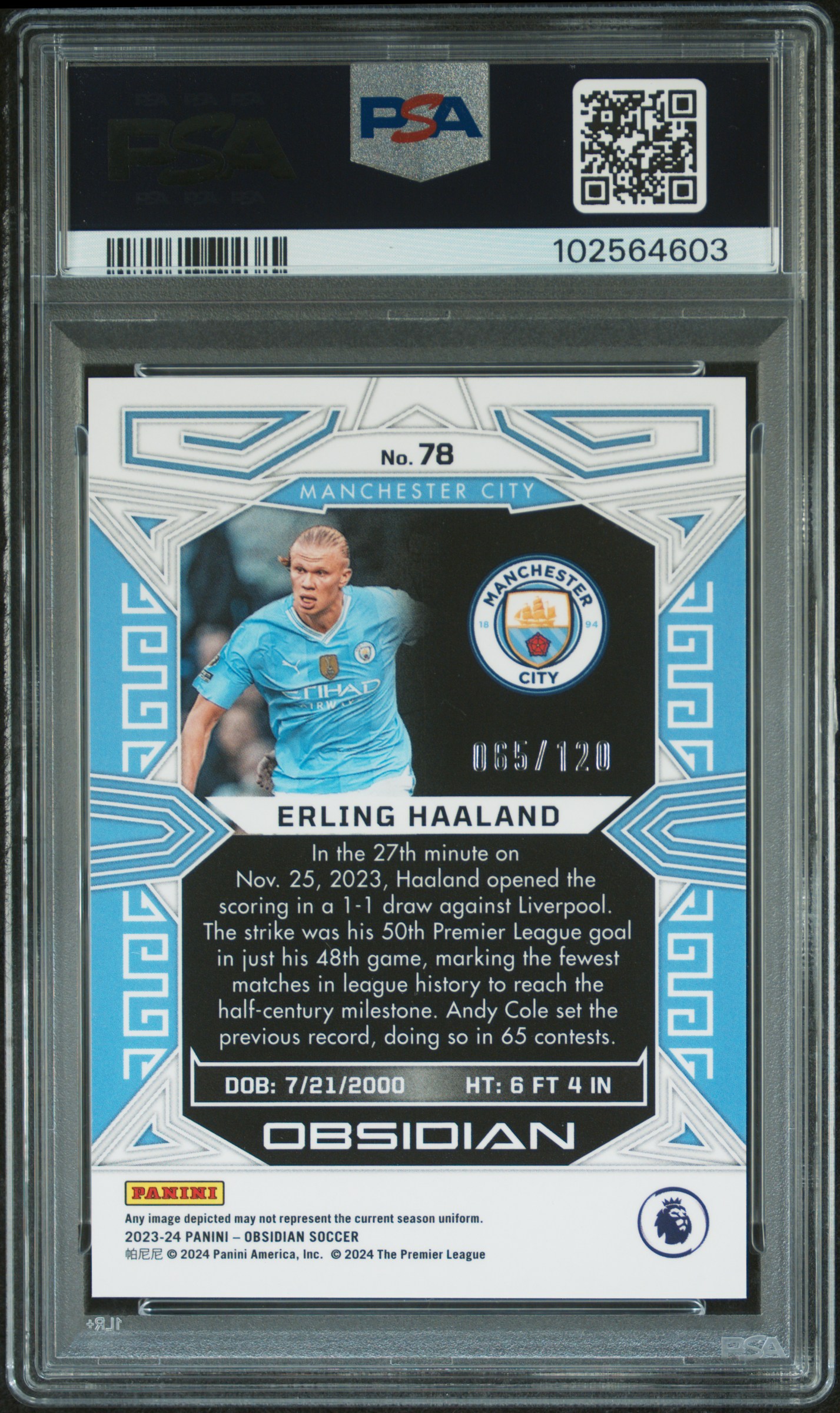 2023 Panini Obsidian Erling Haaland #78 Mint 9 back