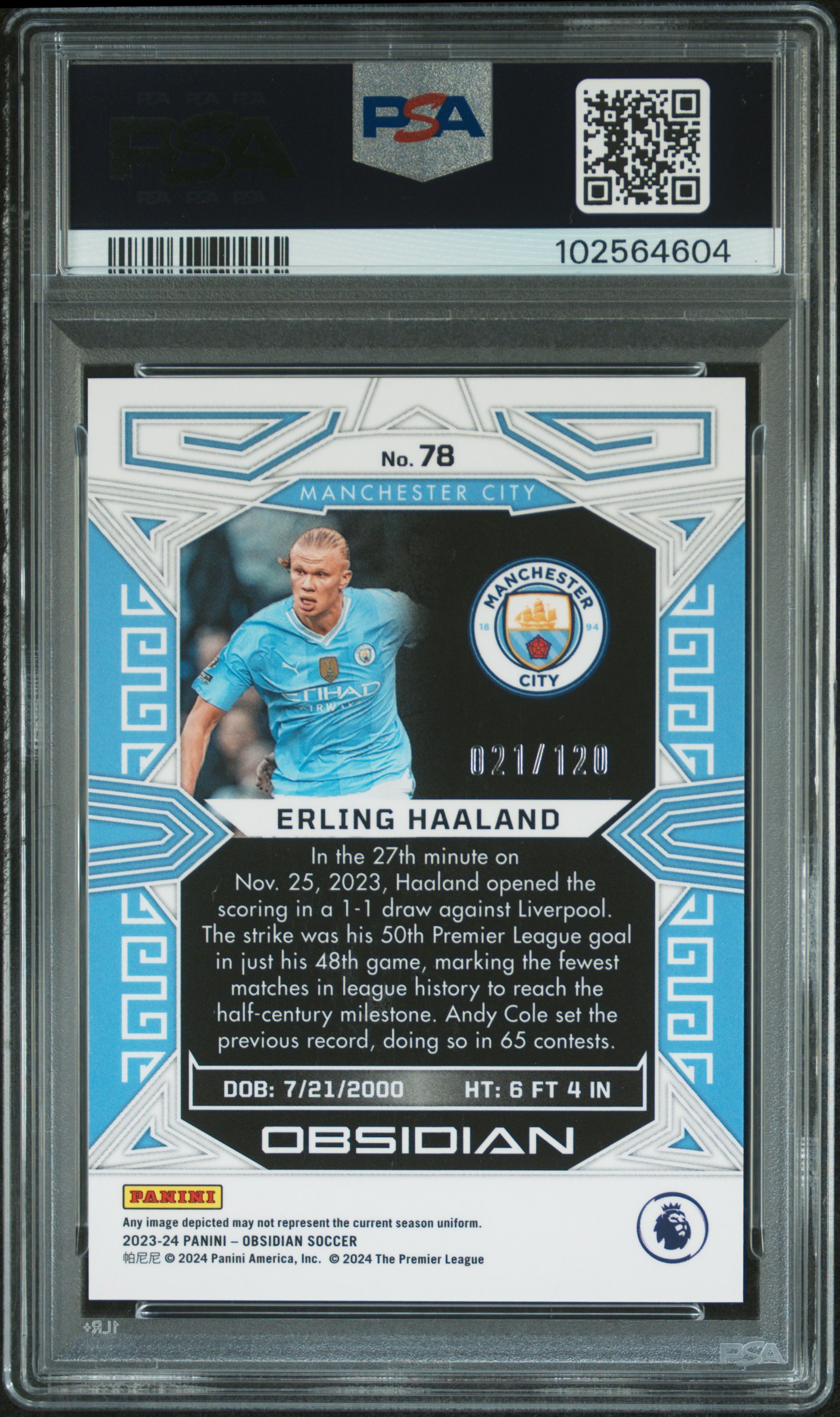 2023 Panini Obsidian Erling Haaland #78 Mint 9 back
