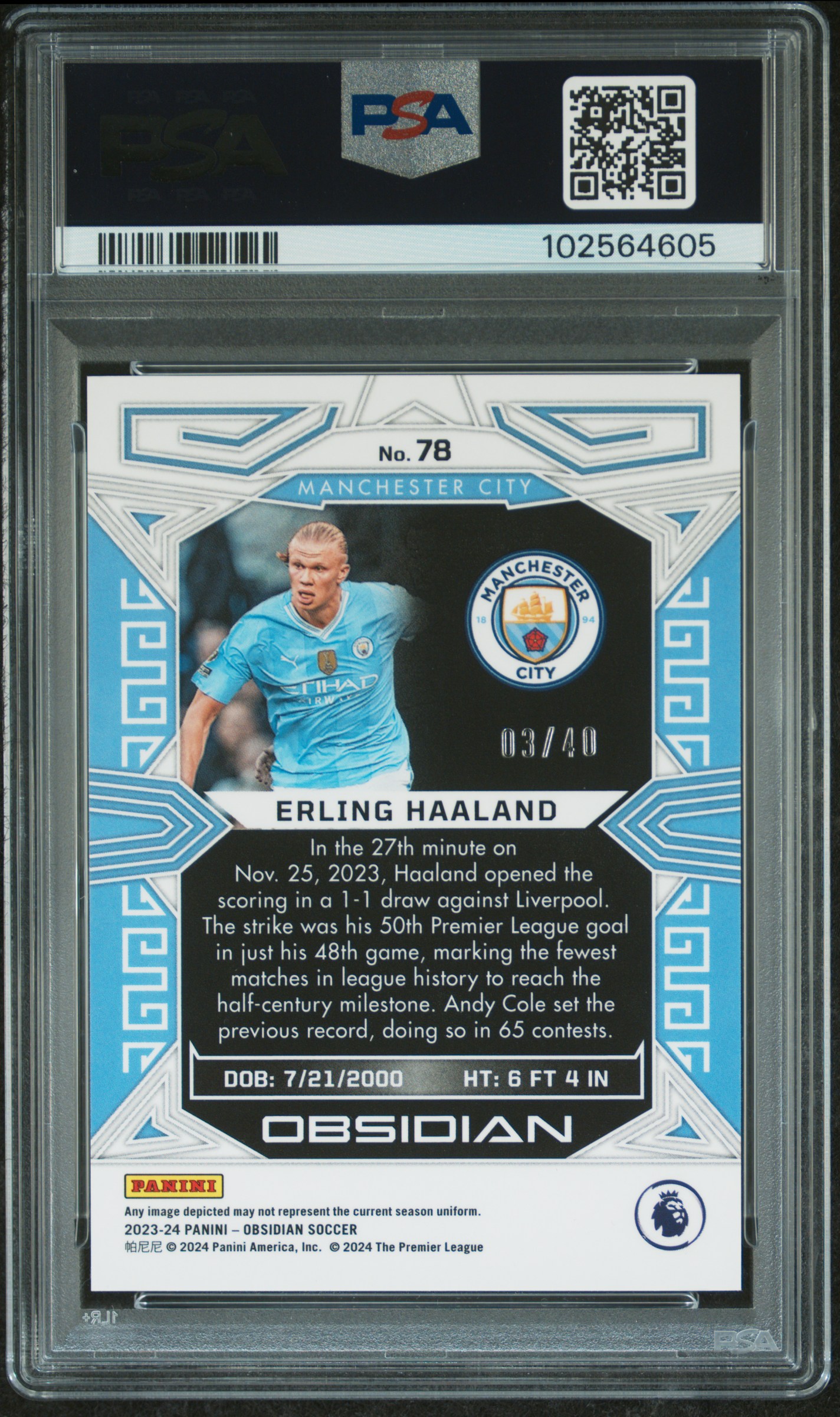 2023 Panini Obsidian Erling Haaland #78 (Electric Etch Orange) Mint 9 back
