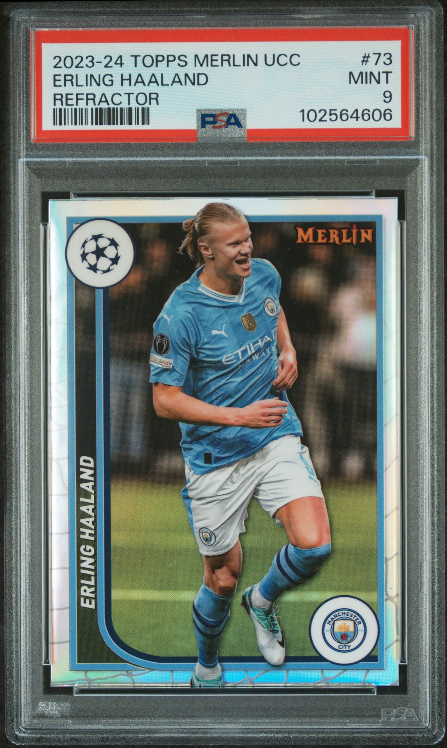 2023-24 Topps Merlin Uefa Club Competitions Erling Haaland #73 (Refractor) Mint 9 front