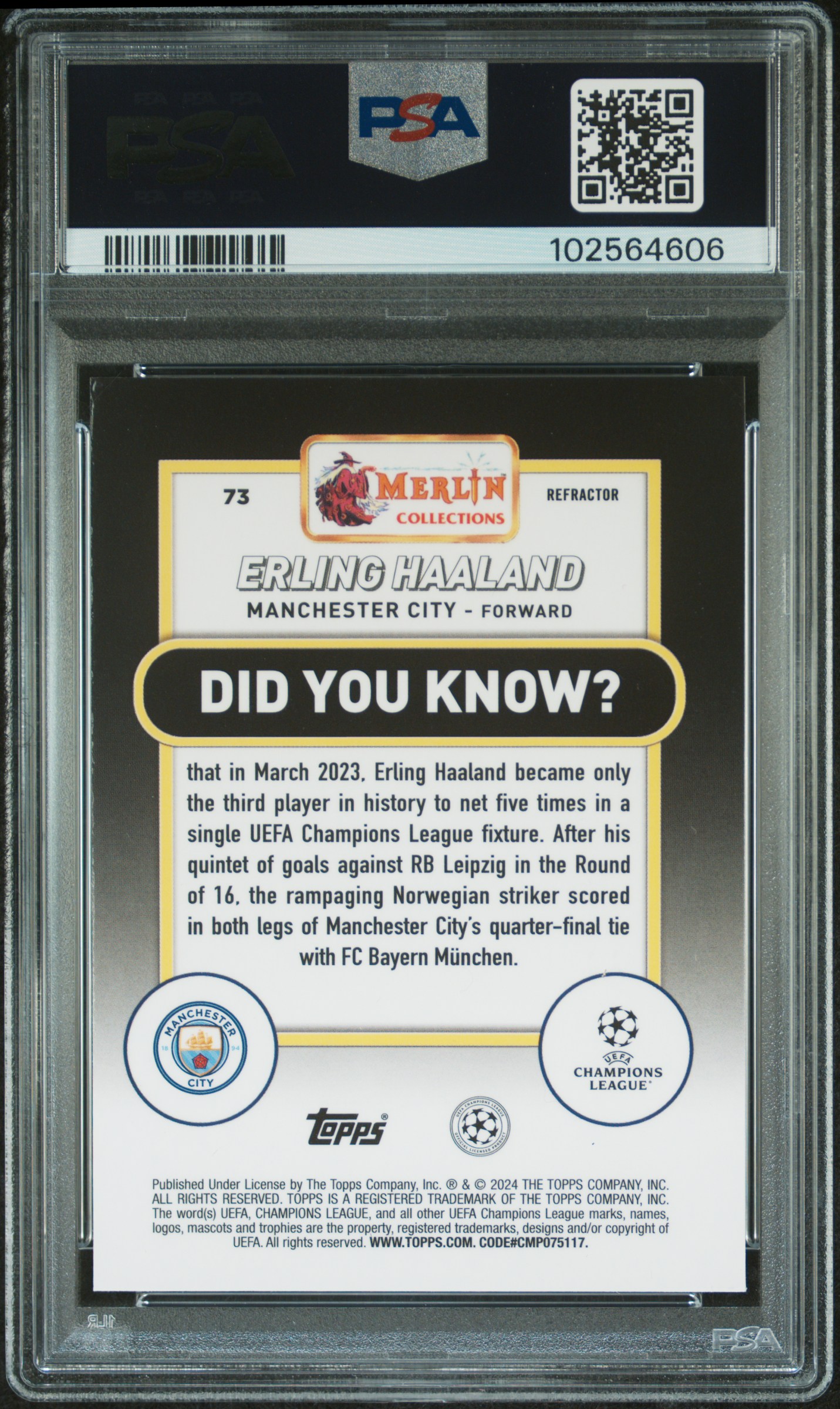 2023-24 Topps Merlin Uefa Club Competitions Erling Haaland #73 (Refractor) Mint 9 back