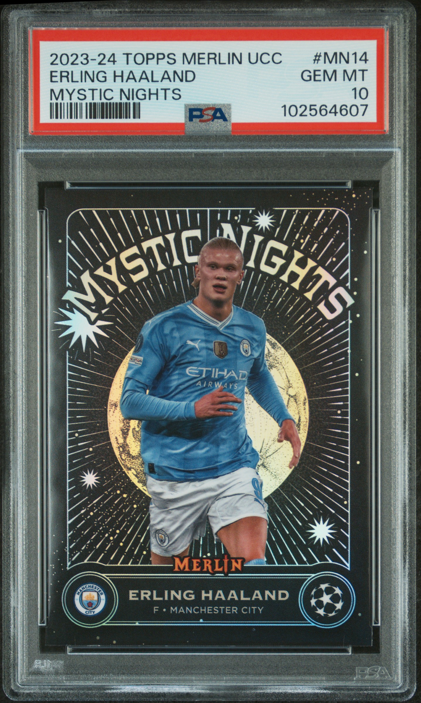 2023-24 Topps Merlin Uefa Club Competitions Mystic Nights Erling Haaland #Mn14 Gem Mt 10 front