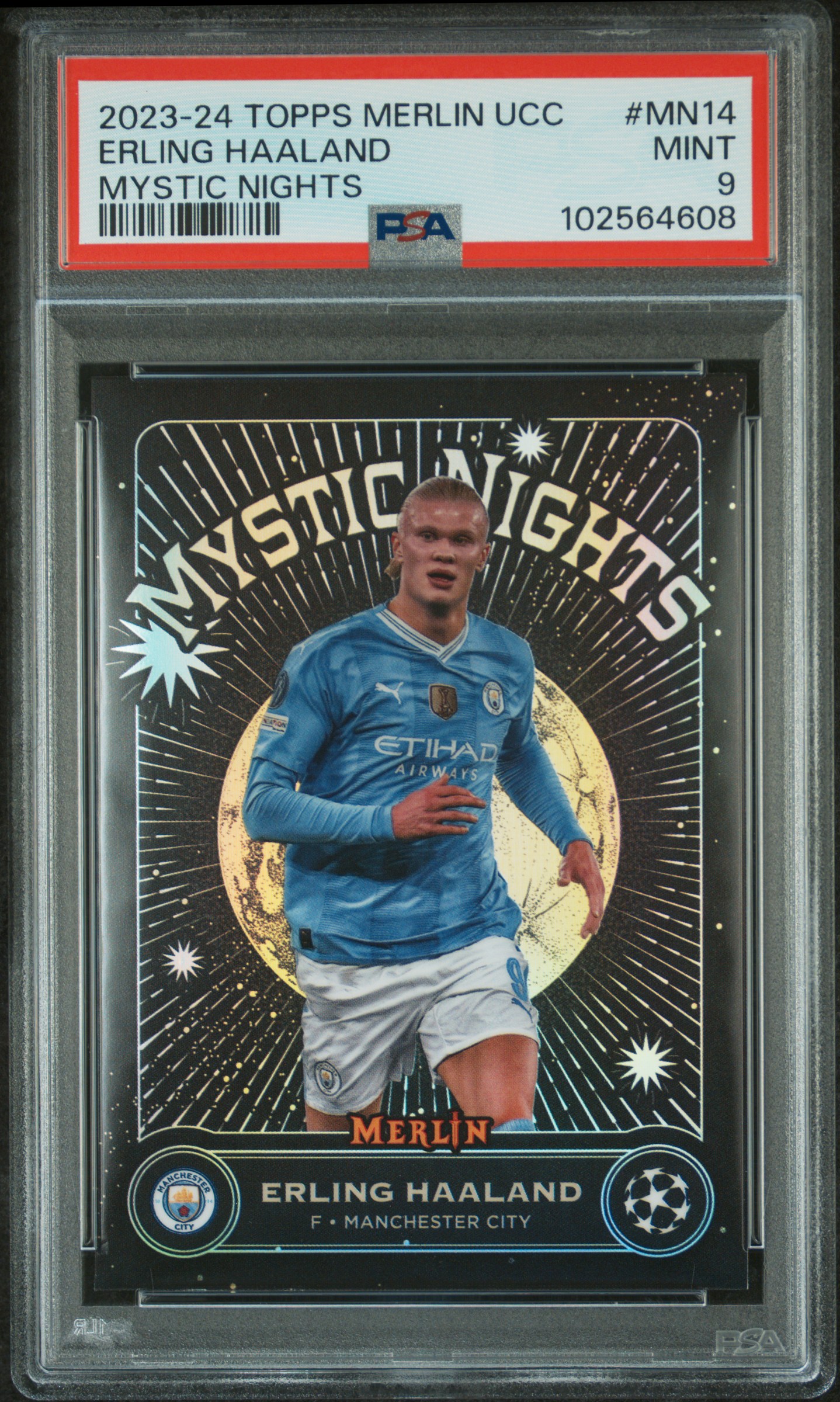 2023-24 Topps Merlin Uefa Club Competitions Mystic Nights Erling Haaland #Mn14 Mint 9 front