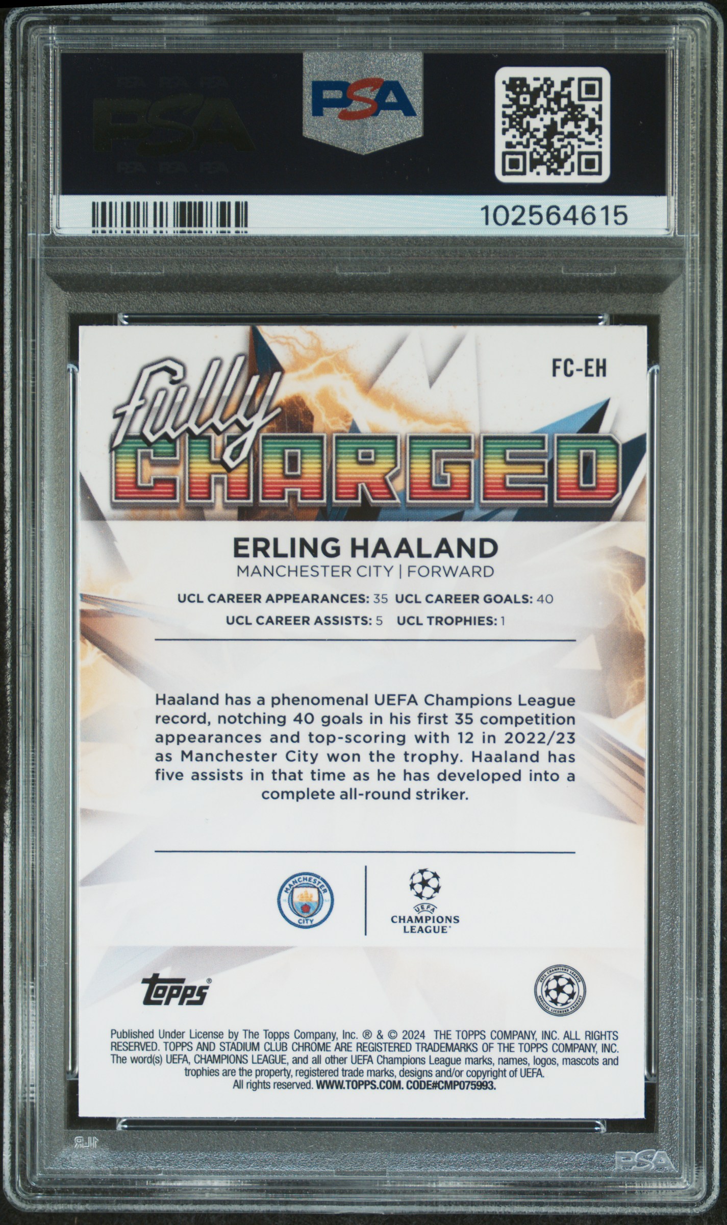 2023-24 Topps Stadium Club Chrome Uefa Club Competitions Fully Charged Erling Haaland #Fceh Gem Mt 10 back