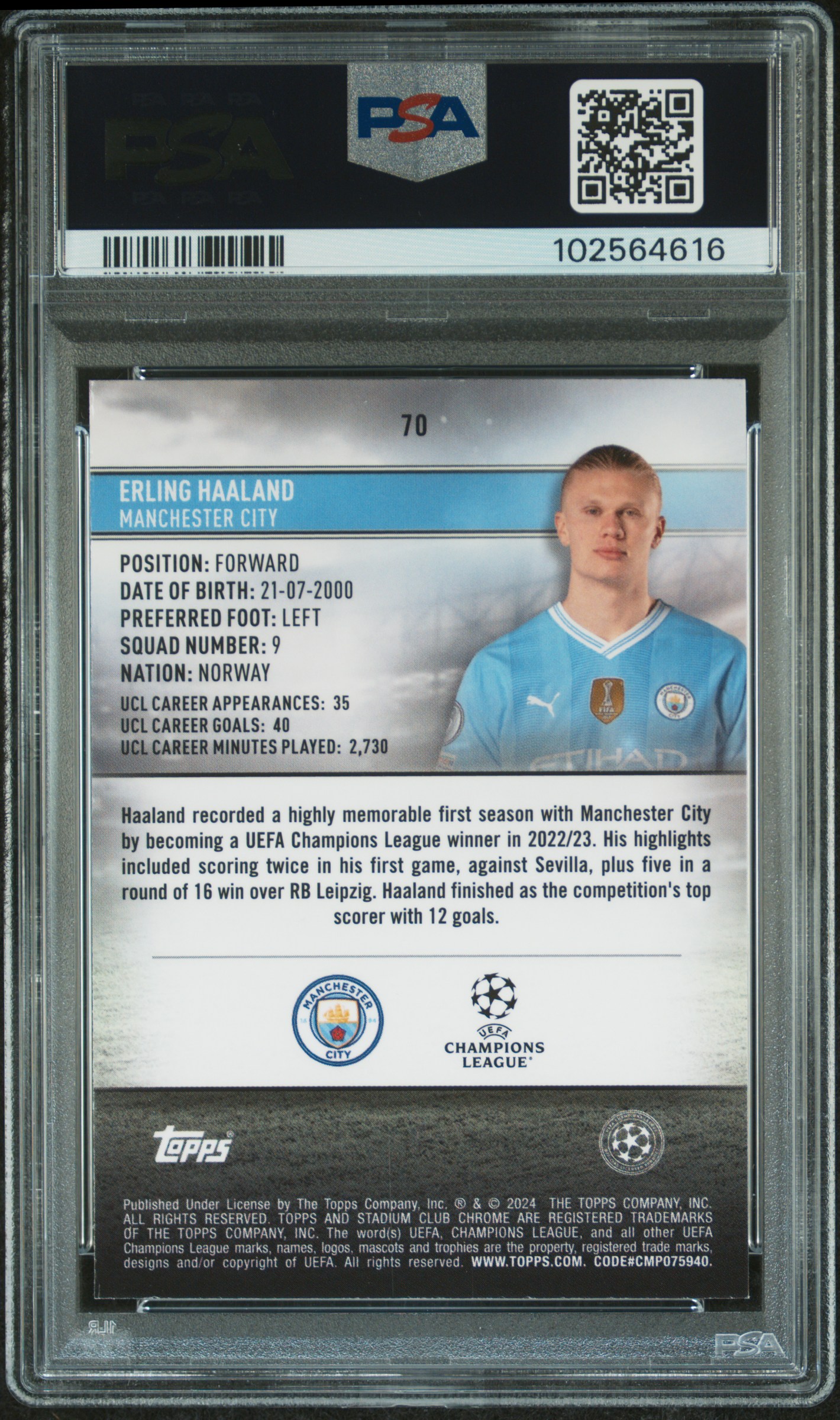 2023-24 Topps Stadium Club Chrome Uefa Club Competitions Erling Haaland #70 (Refractor) Mint 9 back