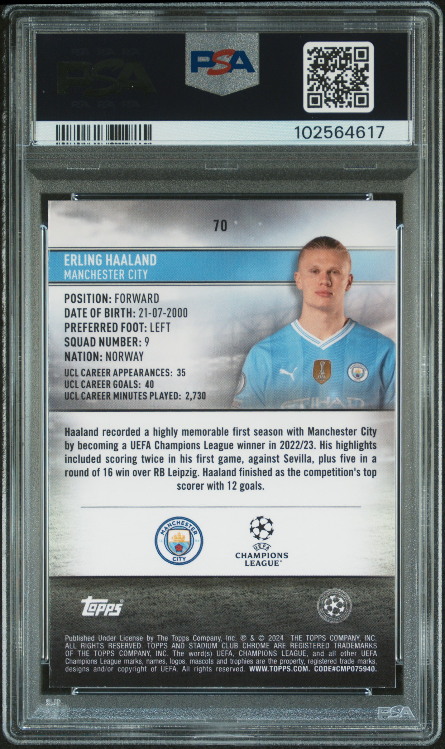 2023-24 Topps Stadium Club Chrome Uefa Club Competitions Erling Haaland #70 (Refractor) Mint 9 back