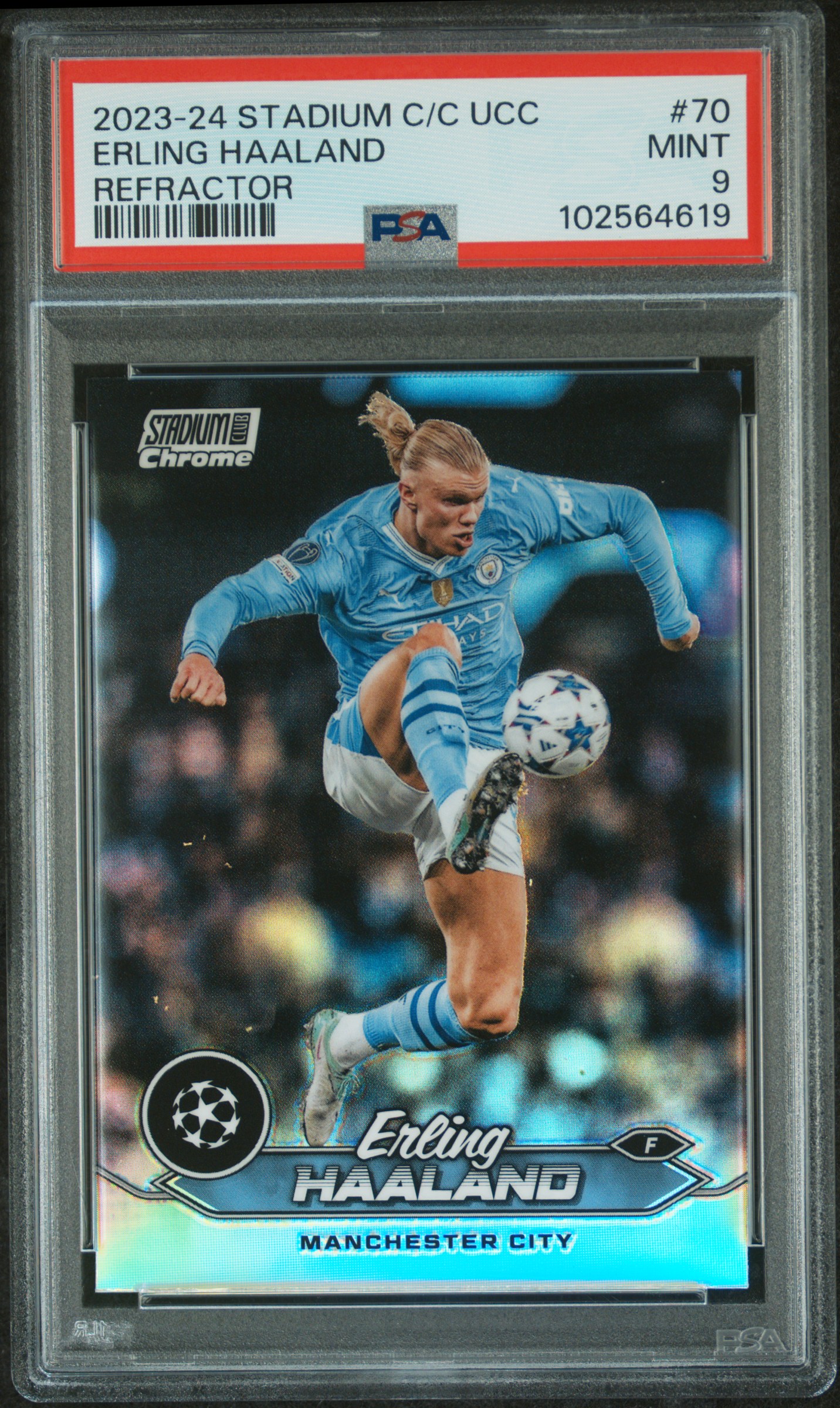 2023-24 Topps Stadium Club Chrome Uefa Club Competitions Erling Haaland #70 (Refractor) Mint 9 front