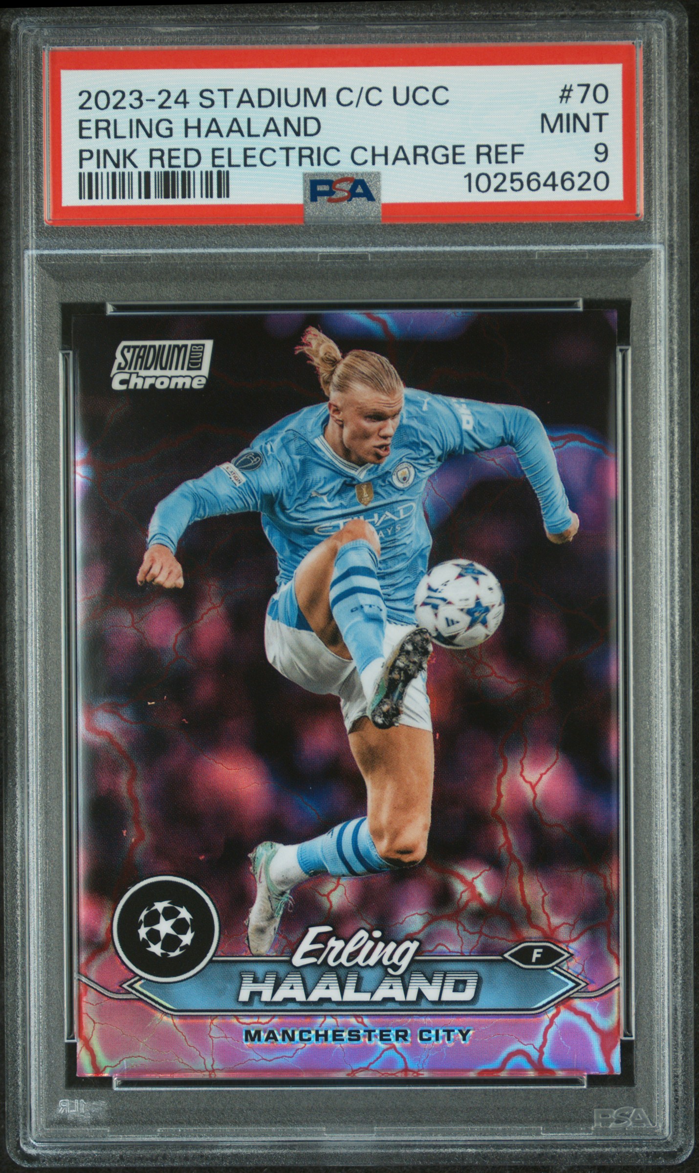 2023-24 Topps Stadium Club Chrome Uefa Club Competitions Erling Haaland #70 (Pink Red Electric Charge Ref) Mint 9 front