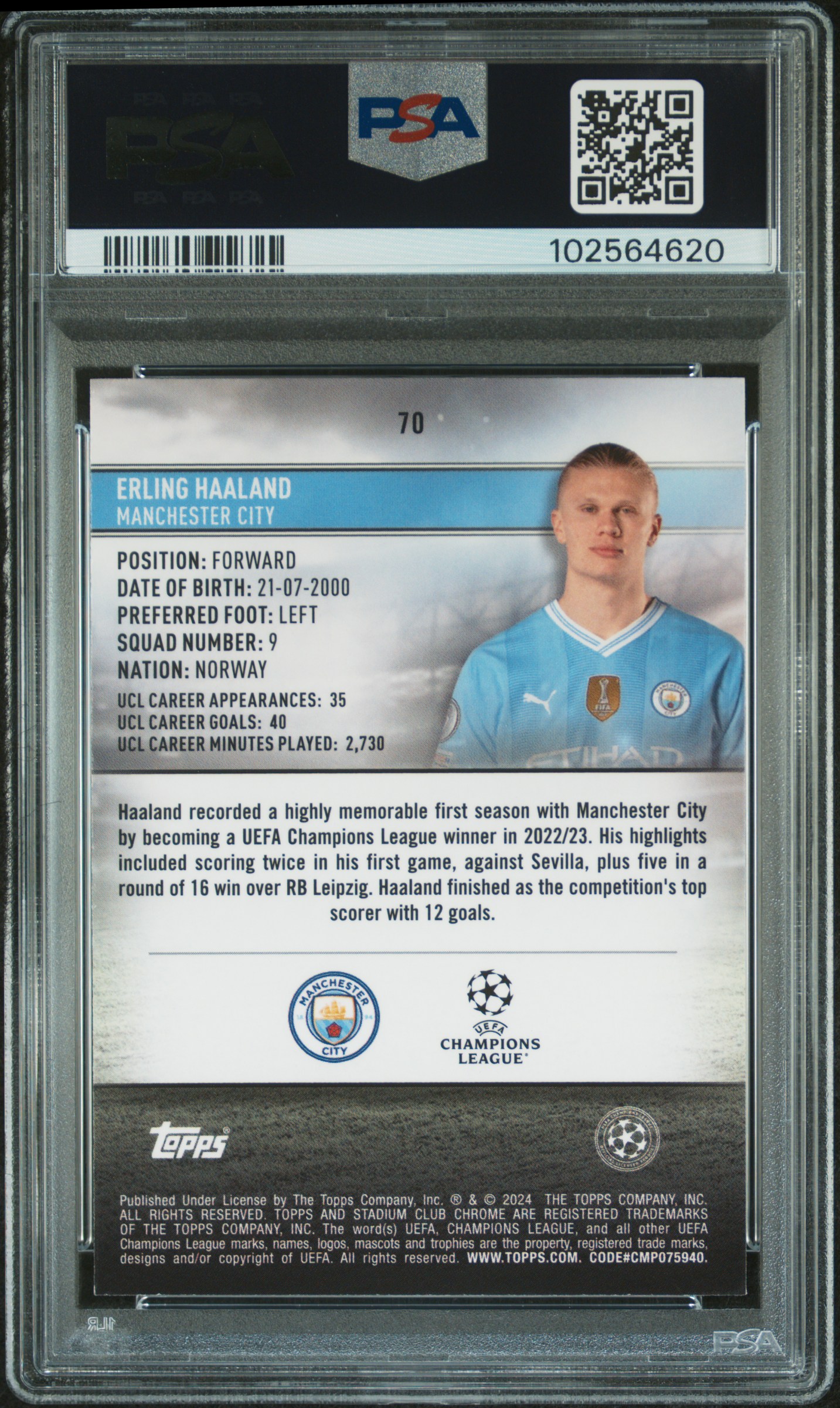 2023-24 Topps Stadium Club Chrome Uefa Club Competitions Erling Haaland #70 (Pink Red Electric Charge Ref) Mint 9 back