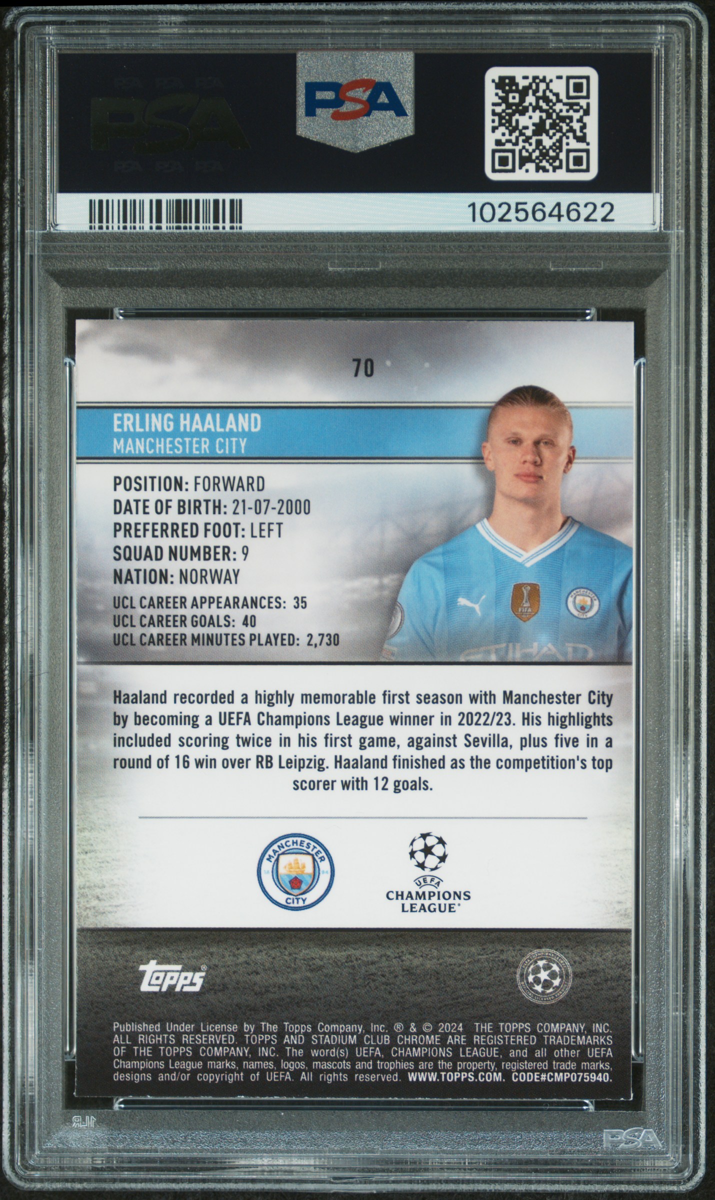 2023-24 Topps Stadium Club Chrome Uefa Club Competitions Erling Haaland #70 (Aq Grn Electric Charge Ref) Mint 9 back