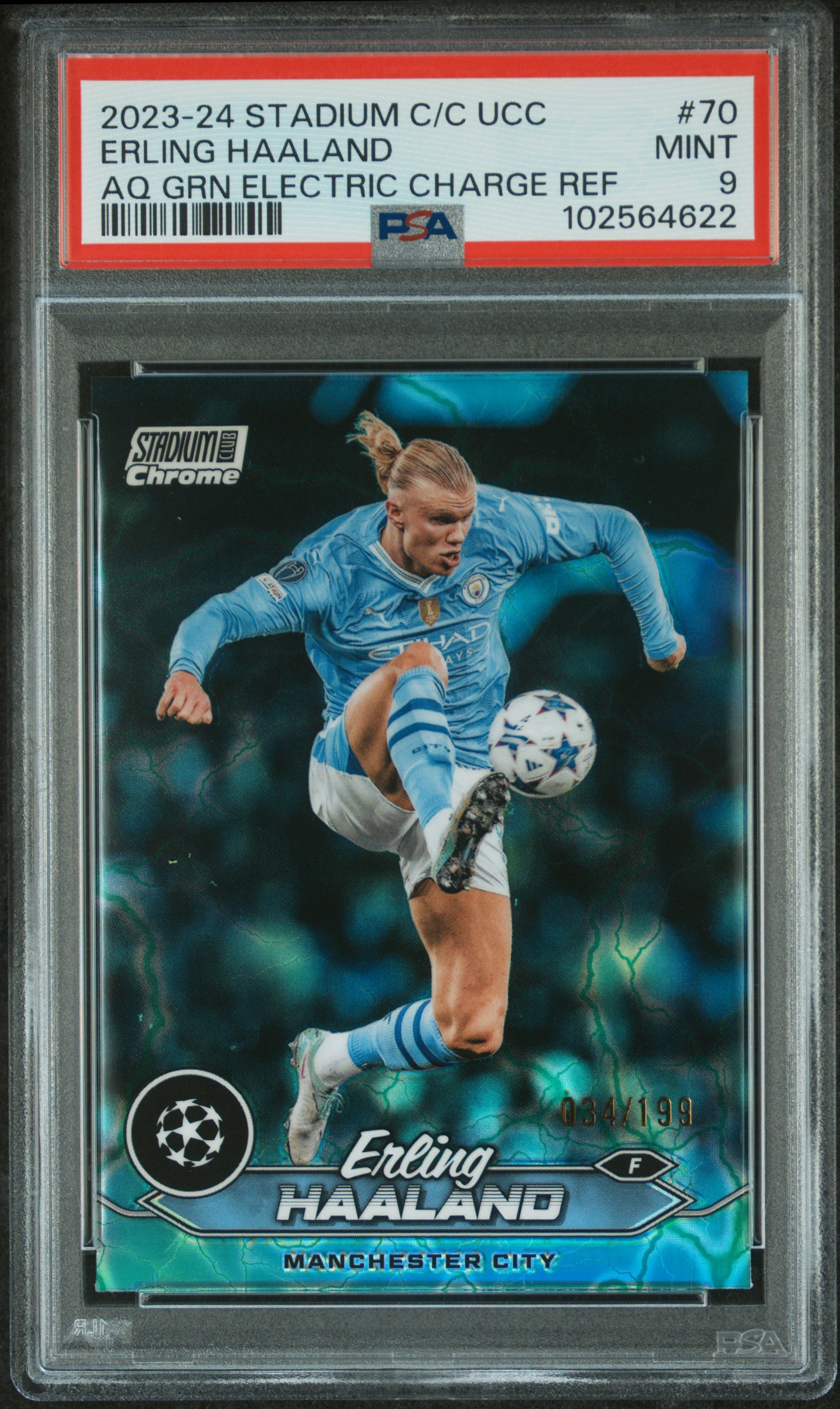2023-24 Topps Stadium Club Chrome Uefa Club Competitions Erling Haaland #70 (Aq Grn Electric Charge Ref) Mint 9 front