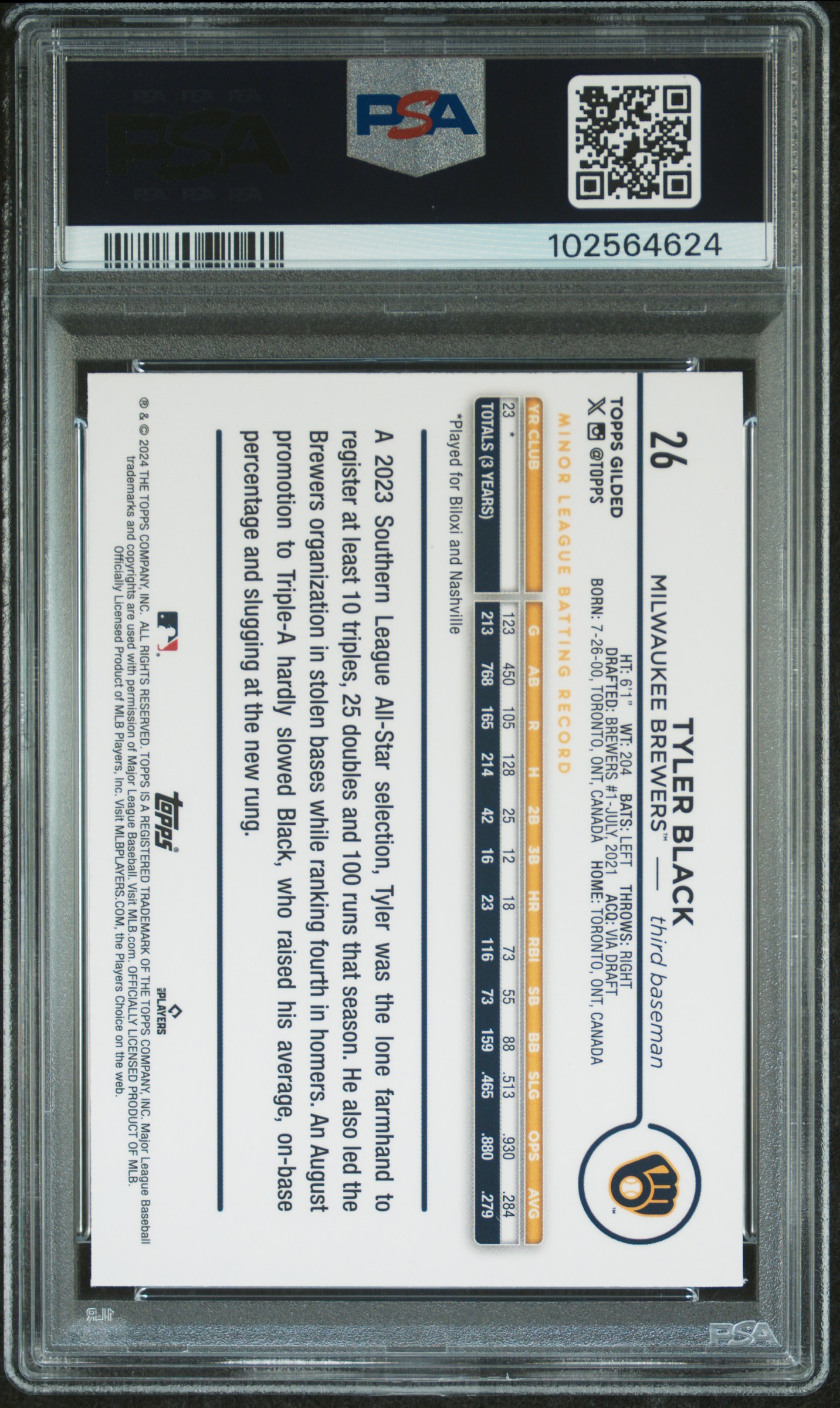 2024 Topps Gilded Collection Tyler Black #26 Gem Mt 10 back