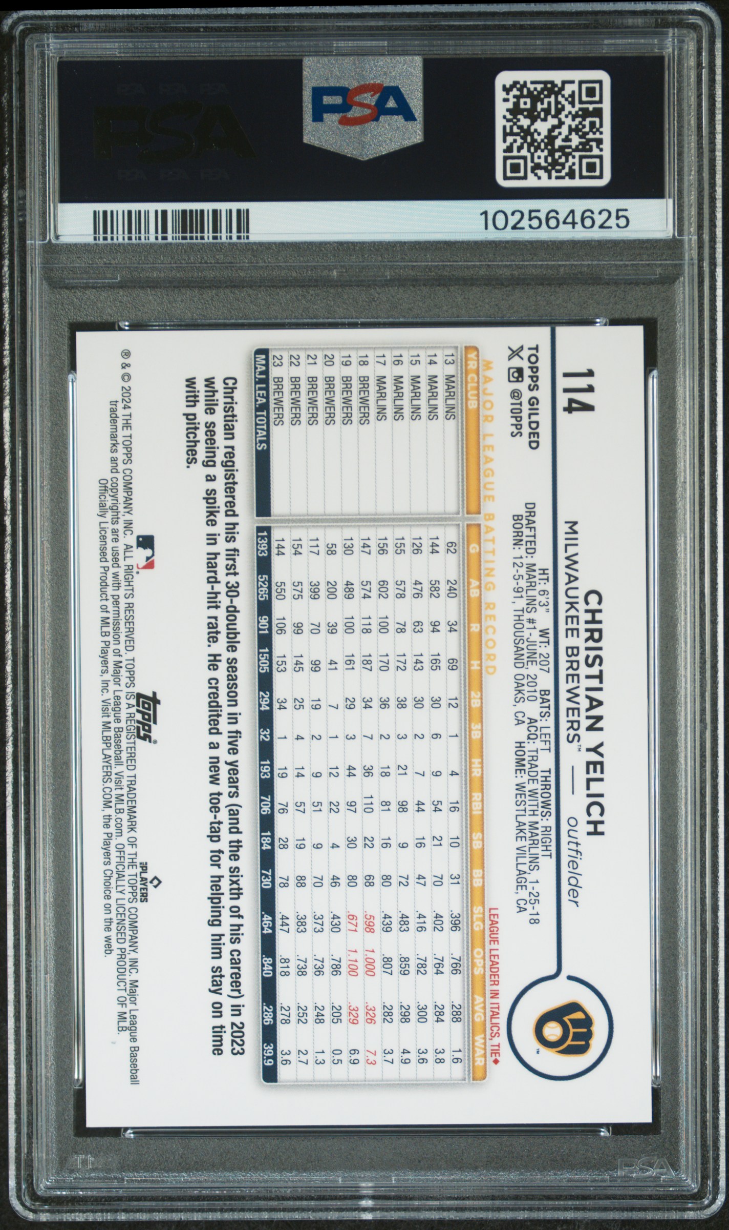 2024 Topps Gilded Collection Christian Yelich #114 Mint 9 back