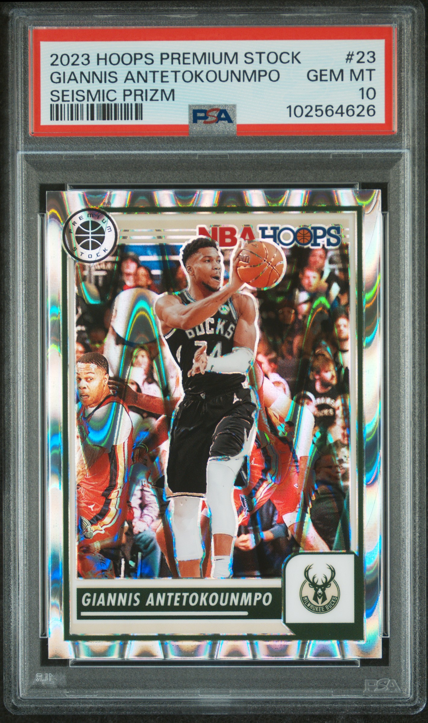 2023 Panini Hoops Premium Stock Giannis Antetokounmpo #23 (Seismic Prizm) Gem Mt 10 front