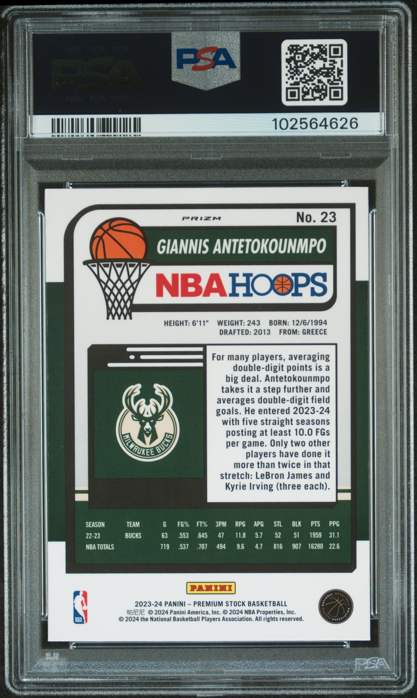 2023 Panini Hoops Premium Stock Giannis Antetokounmpo #23 (Seismic Prizm) Gem Mt 10 back