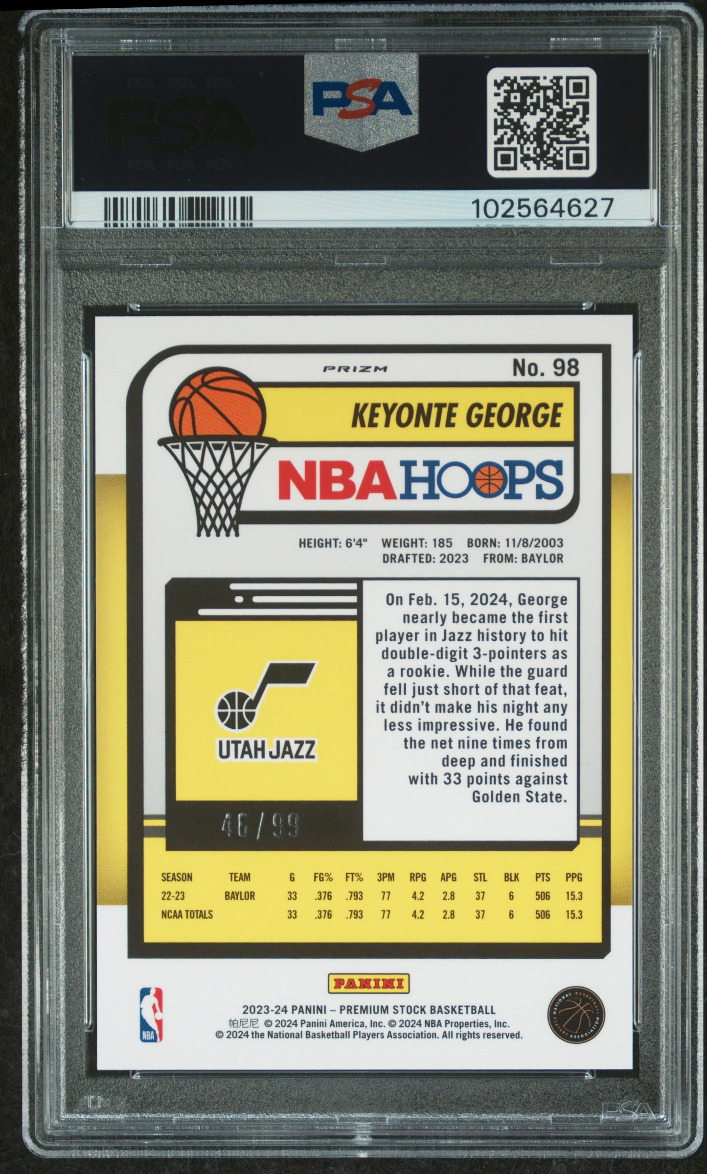 2023 Panini Hoops Premium Stock Keyonte George #98 (Blue Ice Prizm) Gem Mt 10 back