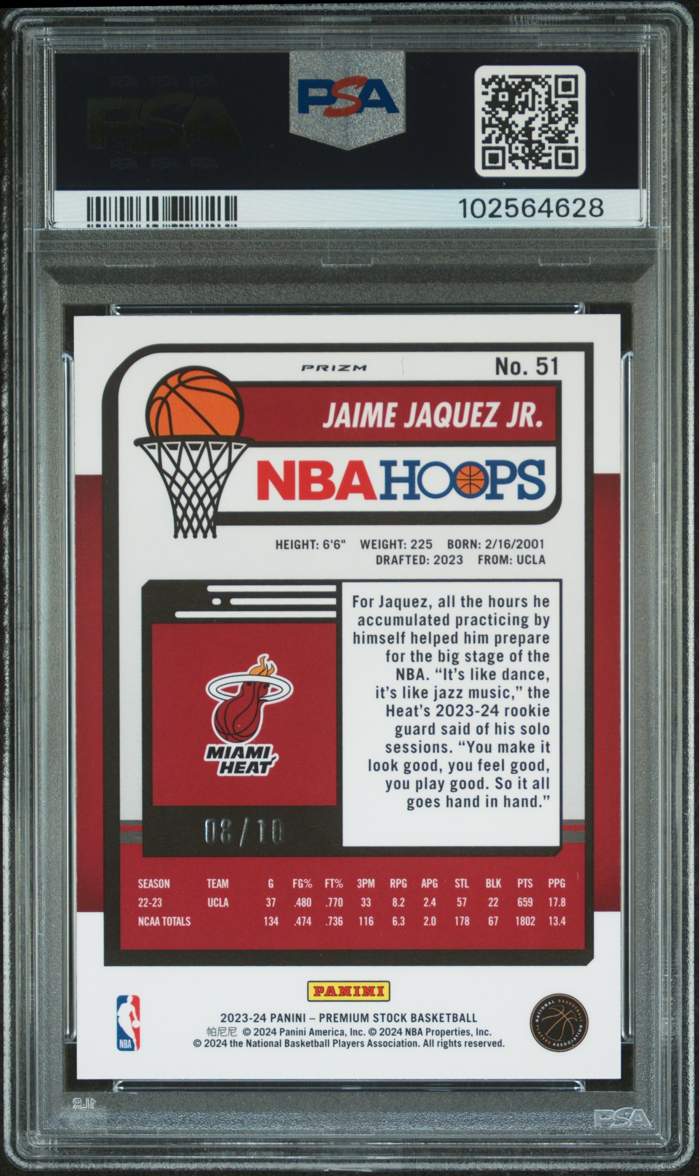 2023 Panini Hoops Premium Stock Jaime Jaquez Jr. #51 (Gold Seismic Prizm) Gem Mt 10 back