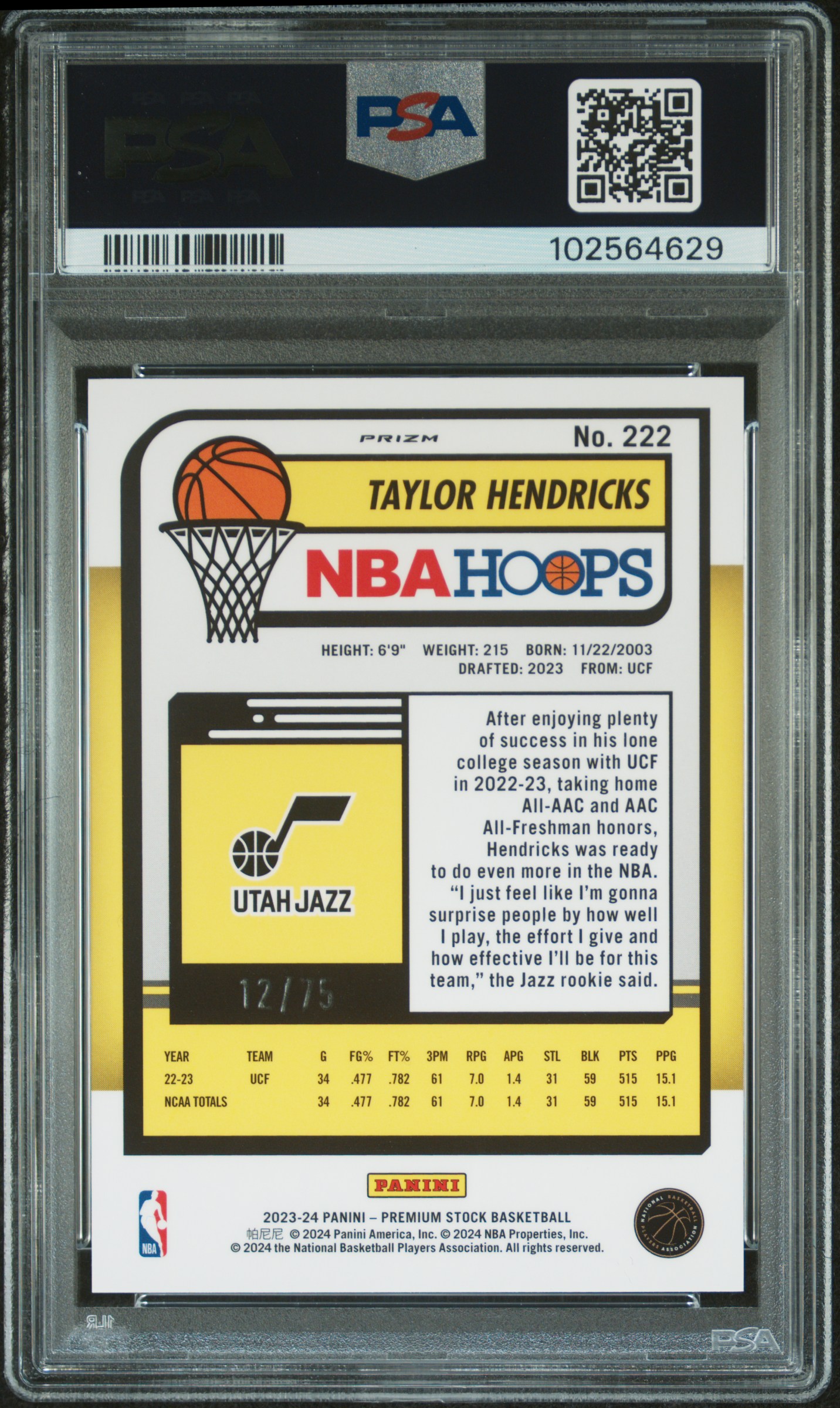 2023 Panini Hoops Premium Stock Taylor Hendricks #222 (White Seismic Prizm) Gem Mt 10 back