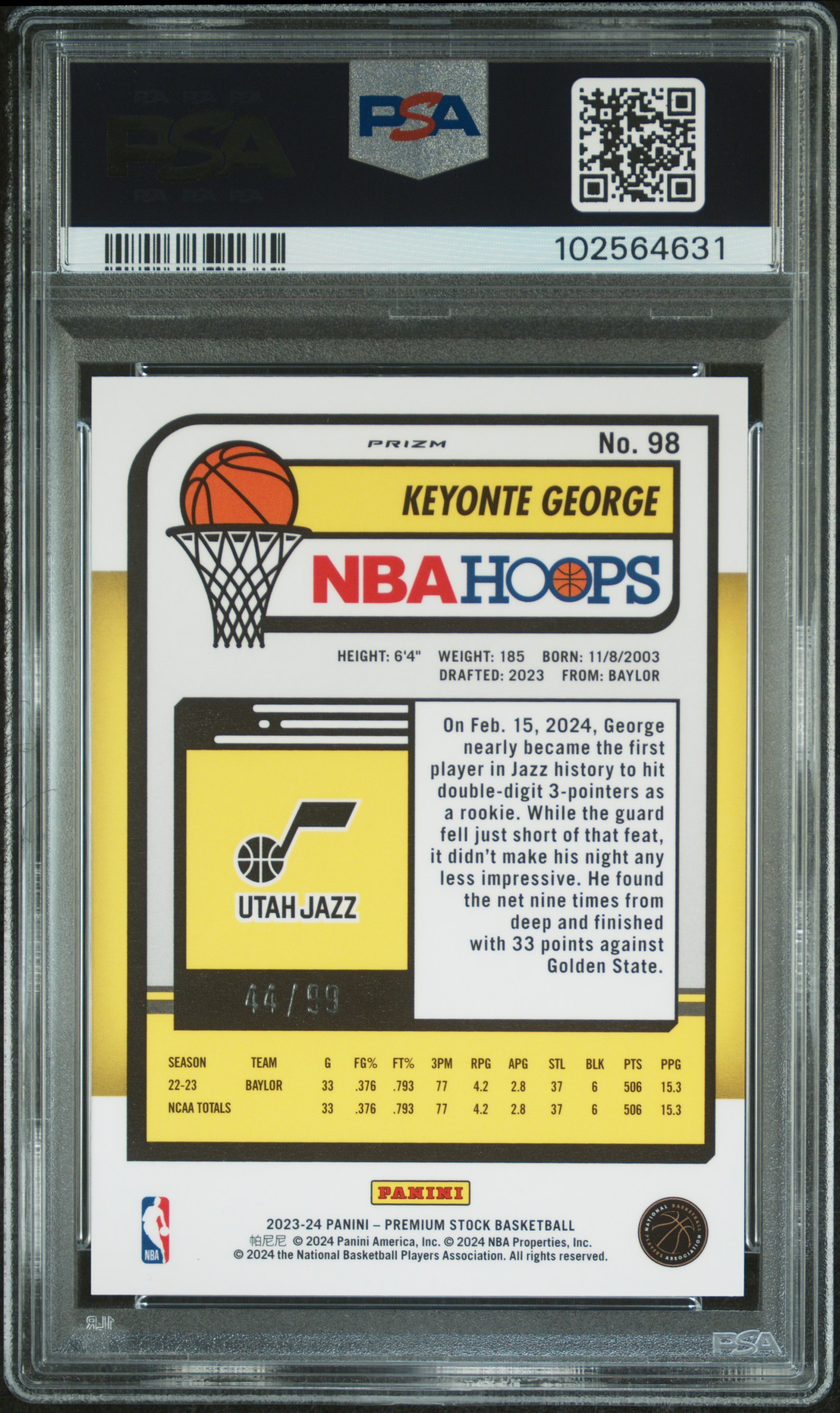 2023 Panini Hoops Premium Stock Keyonte George #98 (Red Ice Prizm) Gem Mt 10 back
