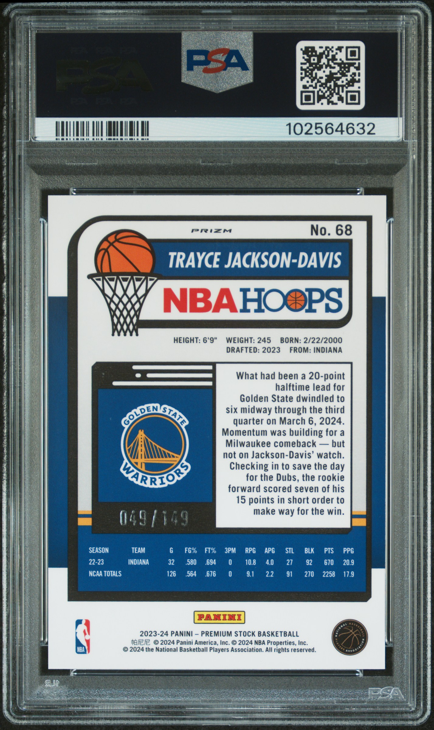 2023 Panini Hoops Premium Stock Trayce Jackson-Davis #68 (Purple Ice Prizm) Gem Mt 10 back