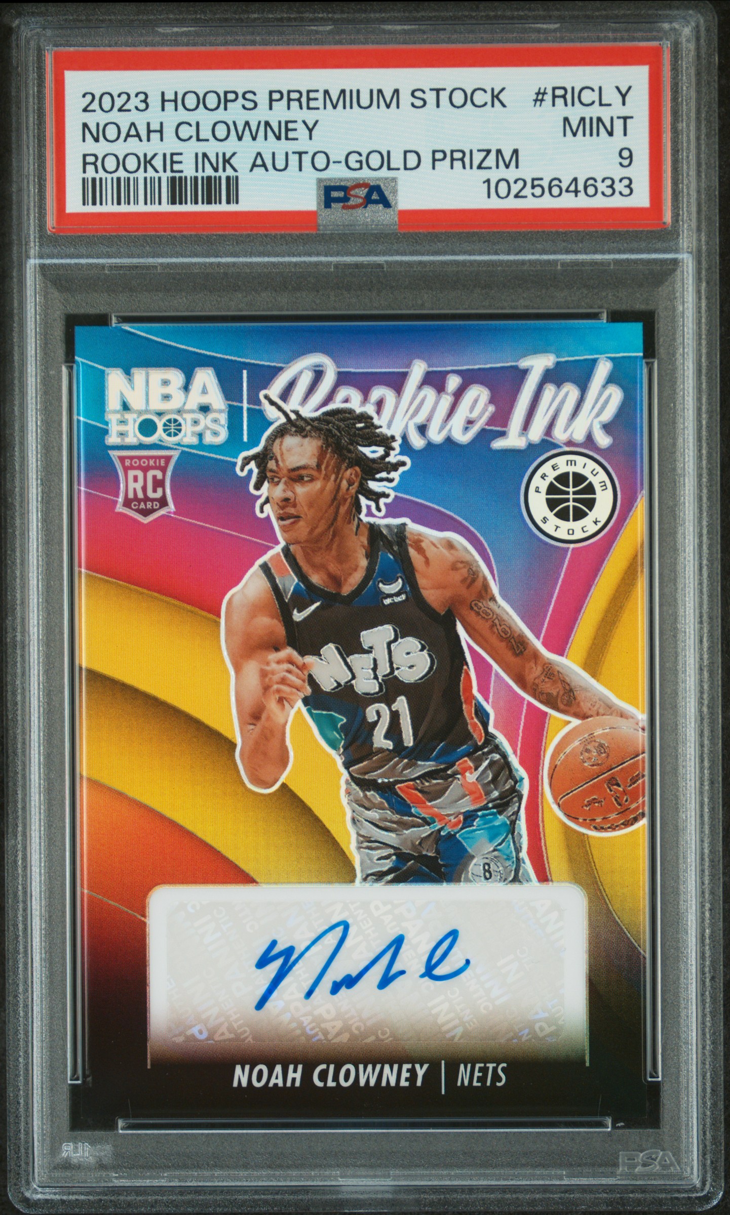 2023 Panini Hoops Premium Stock Rookie Ink Autographs Noah Clowney #Ricly (Rookie Ink Auto-Gold Prizm) Mint 9 front
