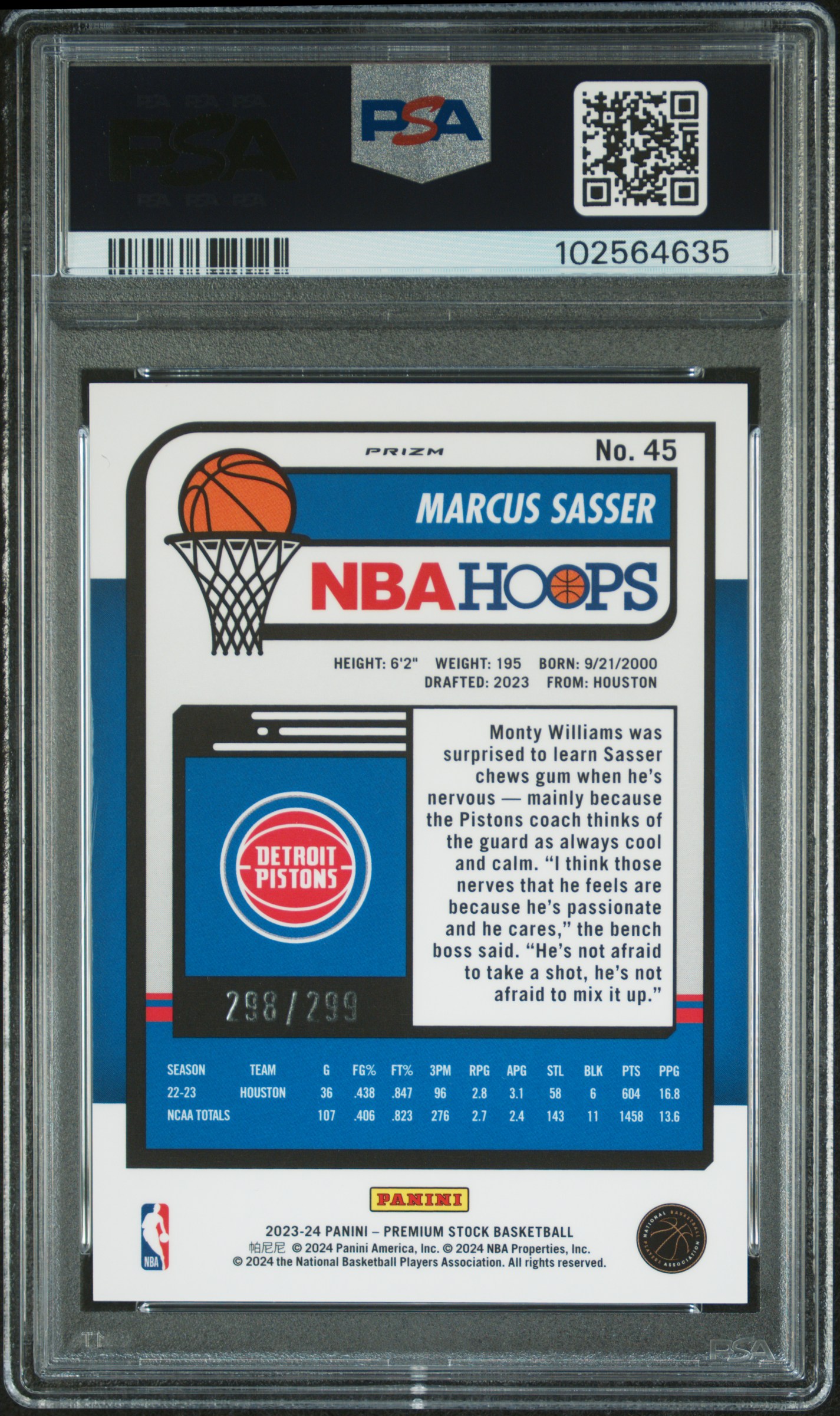 2023 Panini Hoops Premium Stock Marcus Sasser #45 (Orange Prizm) Gem Mt 10 back