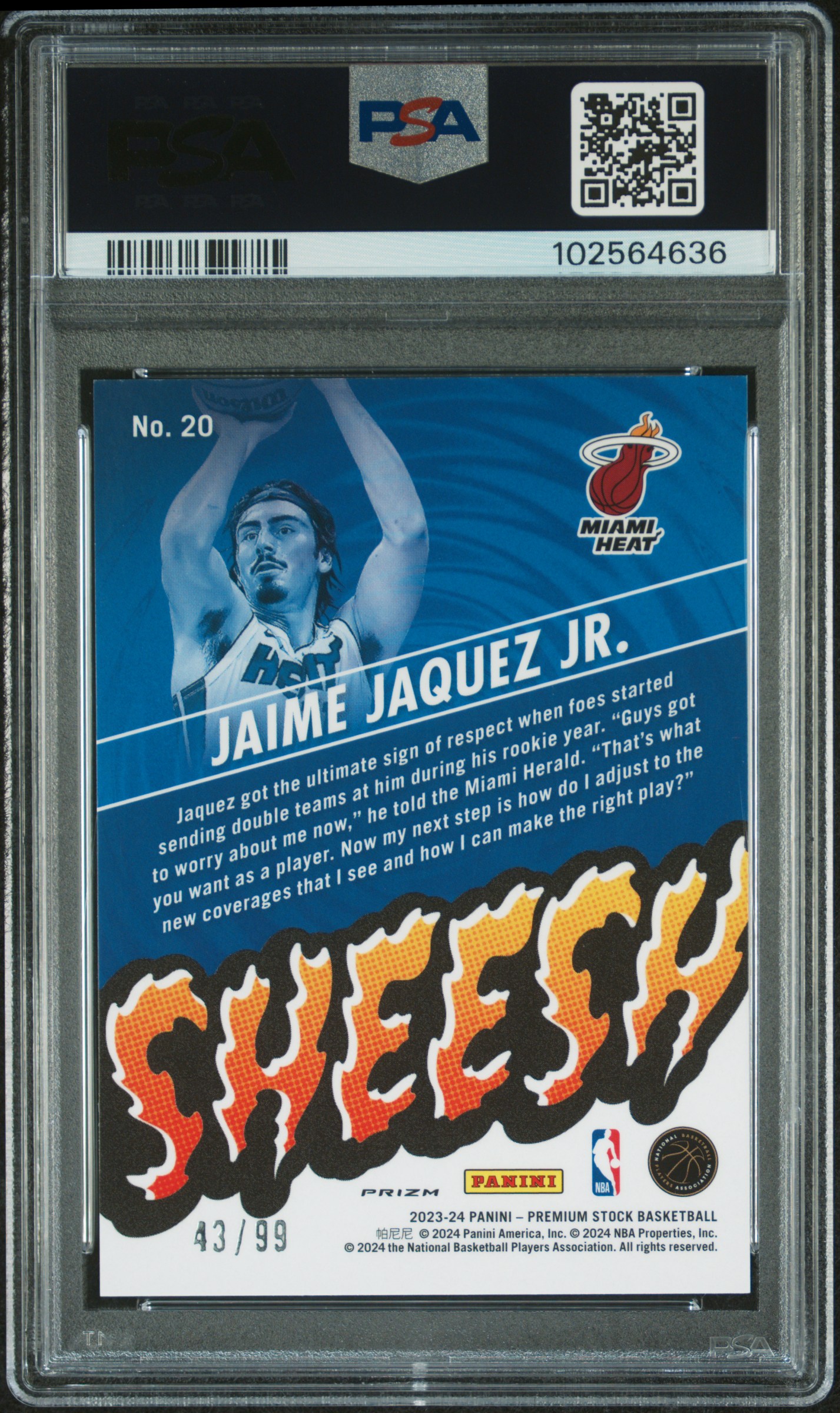 2023 Panini Hoops Premium Stock Sheesh Jaime Jaquez Jr. #20 (Sheesh-Blue Seismic Prizm) Mint 9 back