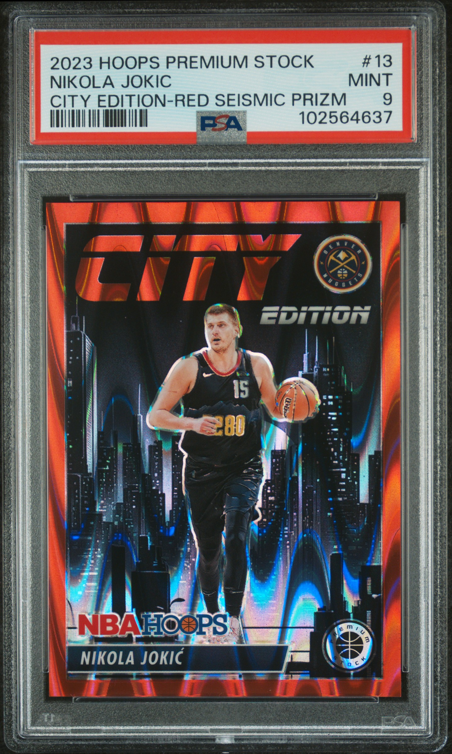 2023 Panini Hoops Premium Stock City Edition Nikola Jokic #13 (City Edition-Red Seismic Prizm) Mint 9 front