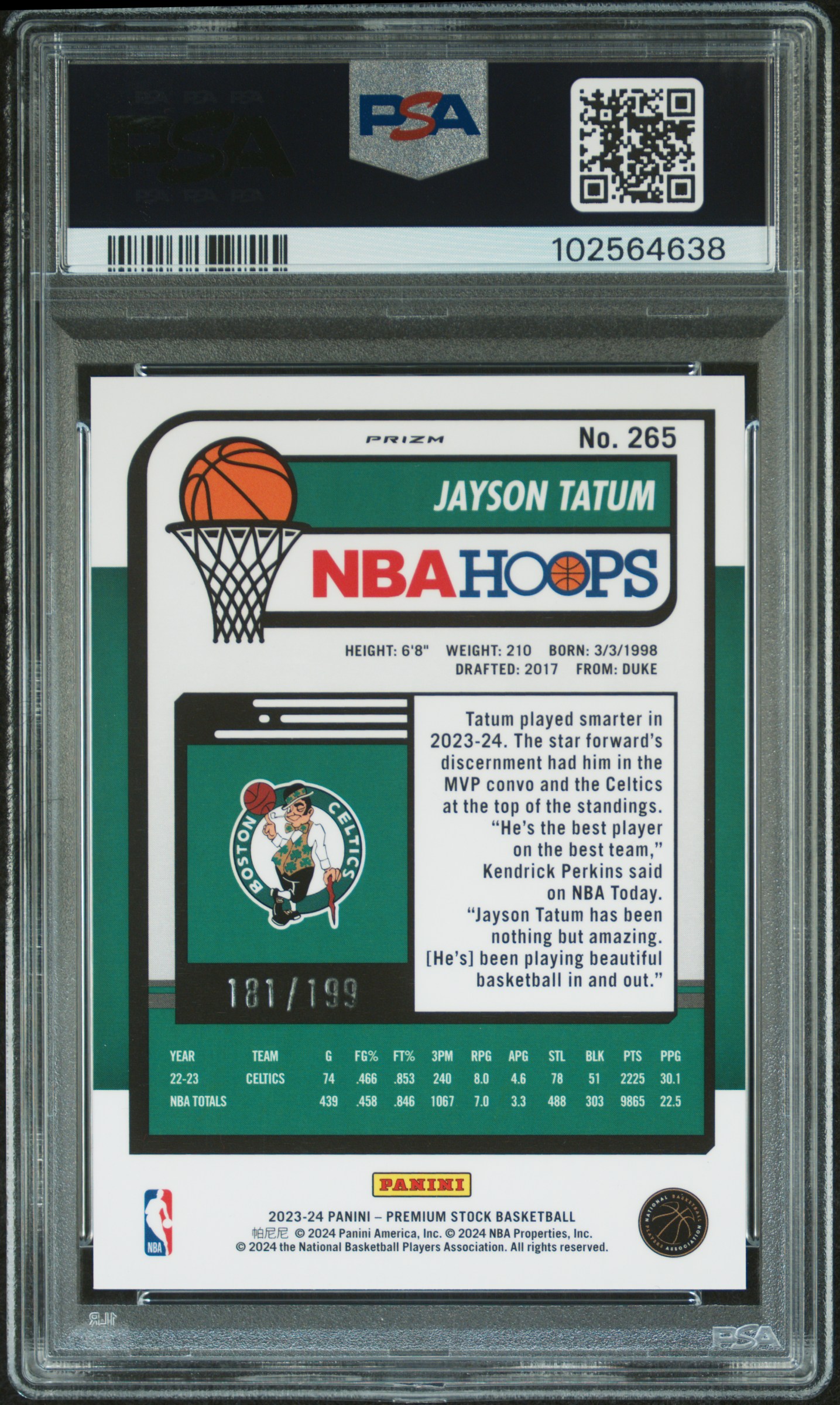 2023 Panini Hoops Premium Stock Jayson Tatum #265 (Red Seismic Prizm) Nm 7 back