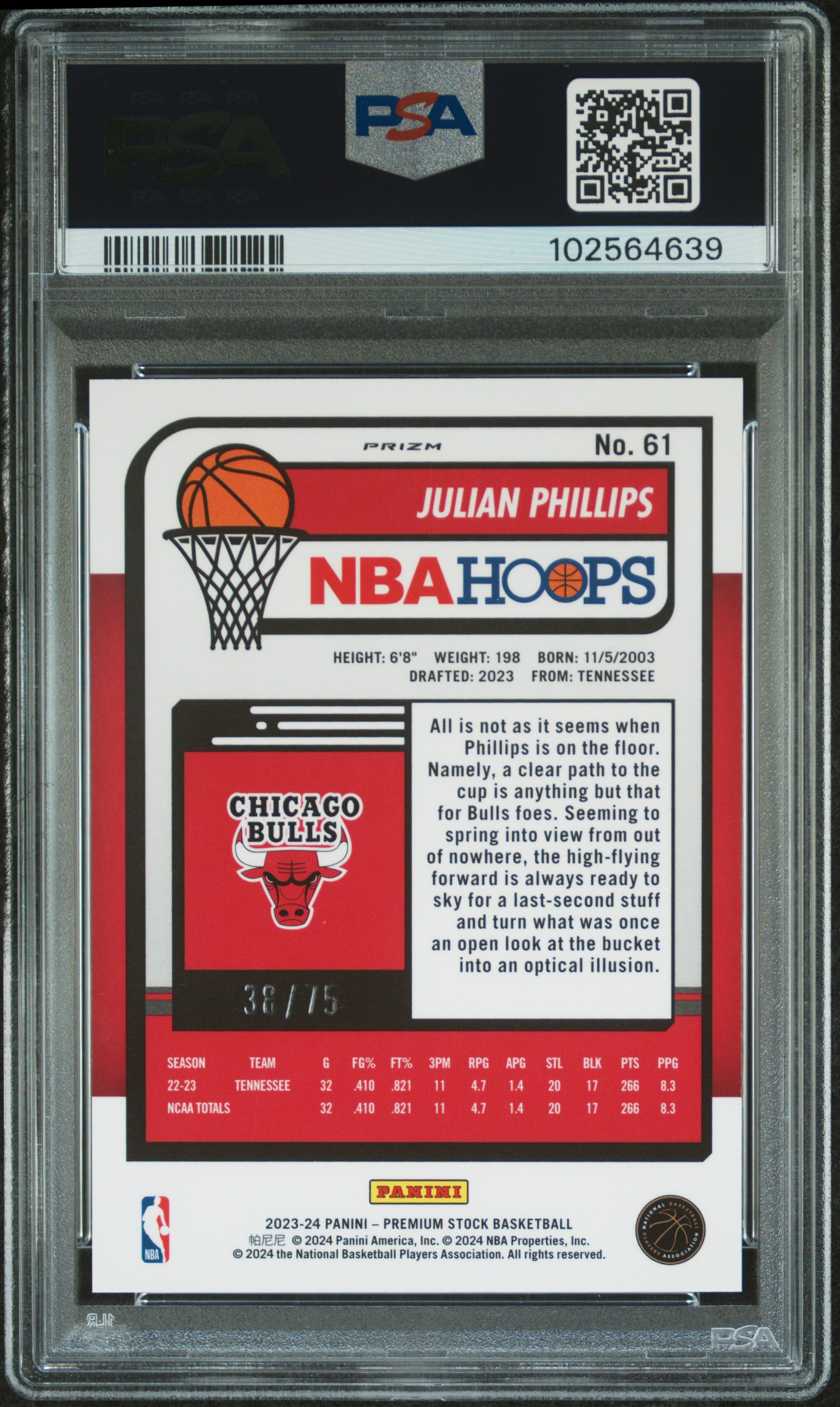 2023 Panini Hoops Premium Stock Julian Phillips #61 (White Seismic Prizm) Gem Mt 10 back