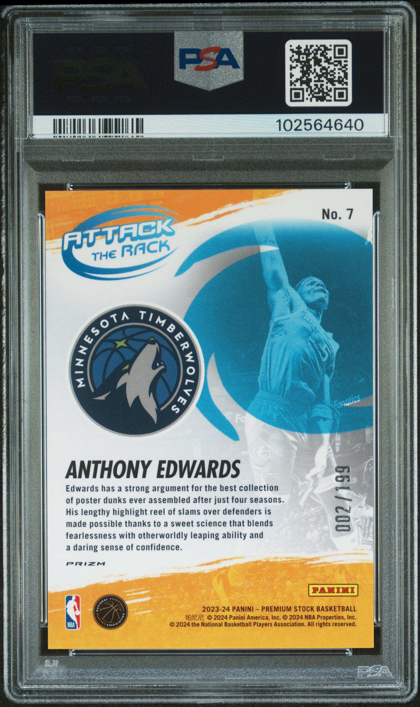 2023 Panini Hoops Premium Stock Attack The Rack Anthony Edwards #7 (Attack/Rack-Red Seismic Prz) Gem Mt 10 back