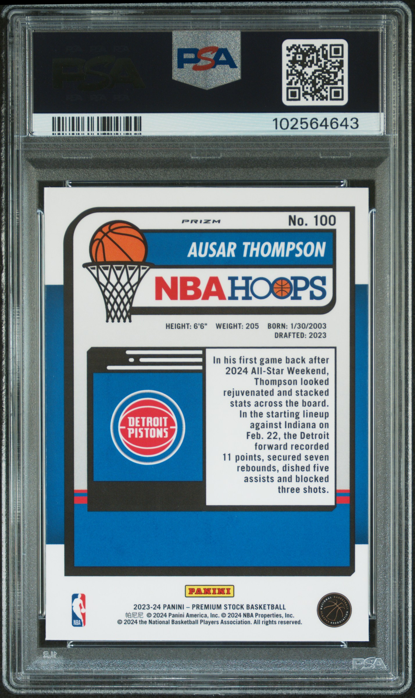 2023 Panini Hoops Premium Stock Ausar Thompson #100 (Silver Prizm) Gem Mt 10 back